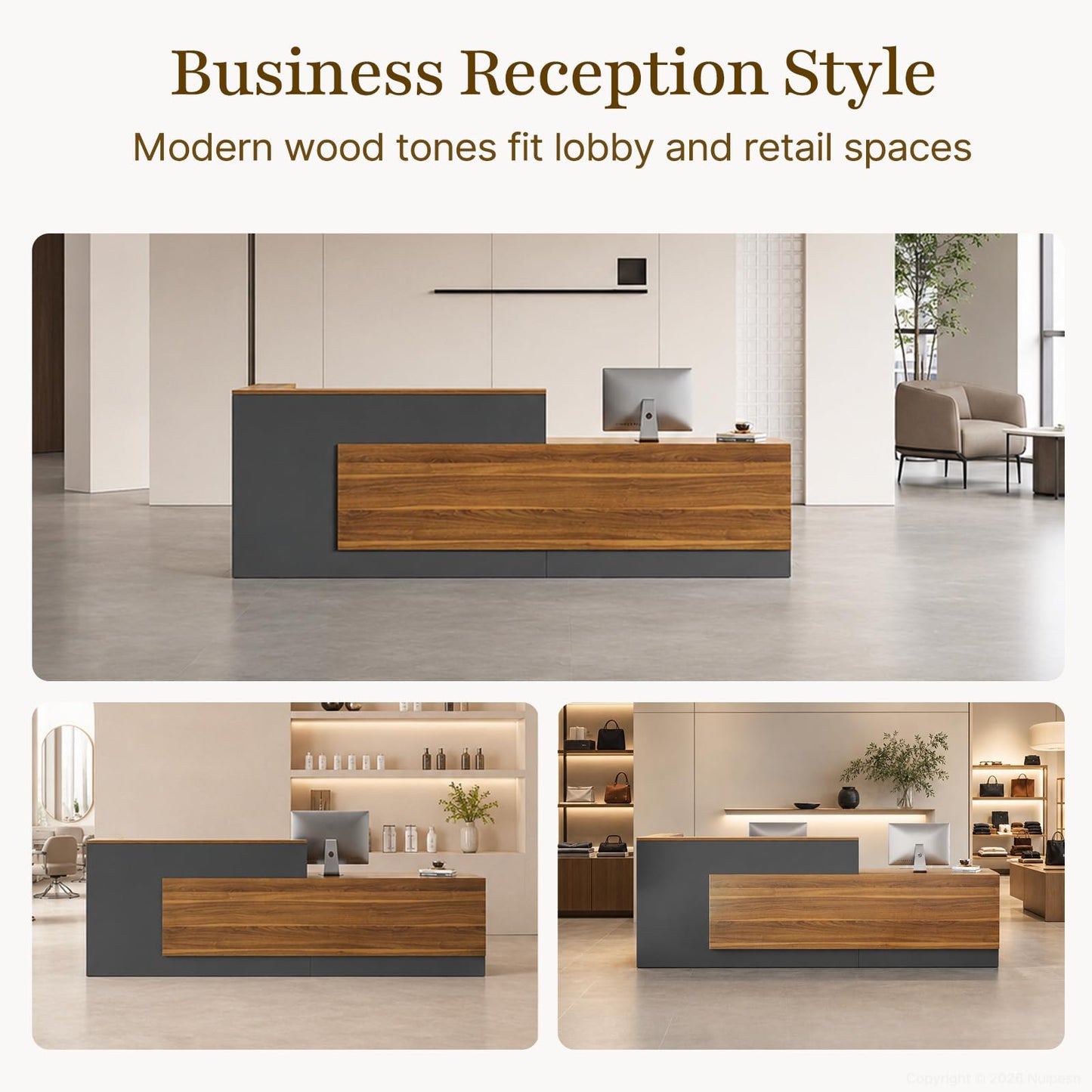 Nuipesn 94" Modern L-Shaped Reception Desk, Front Desk Counter with Drawer, Keyboard Tray and Storage Shelves, Right Layout, Dark Walnut