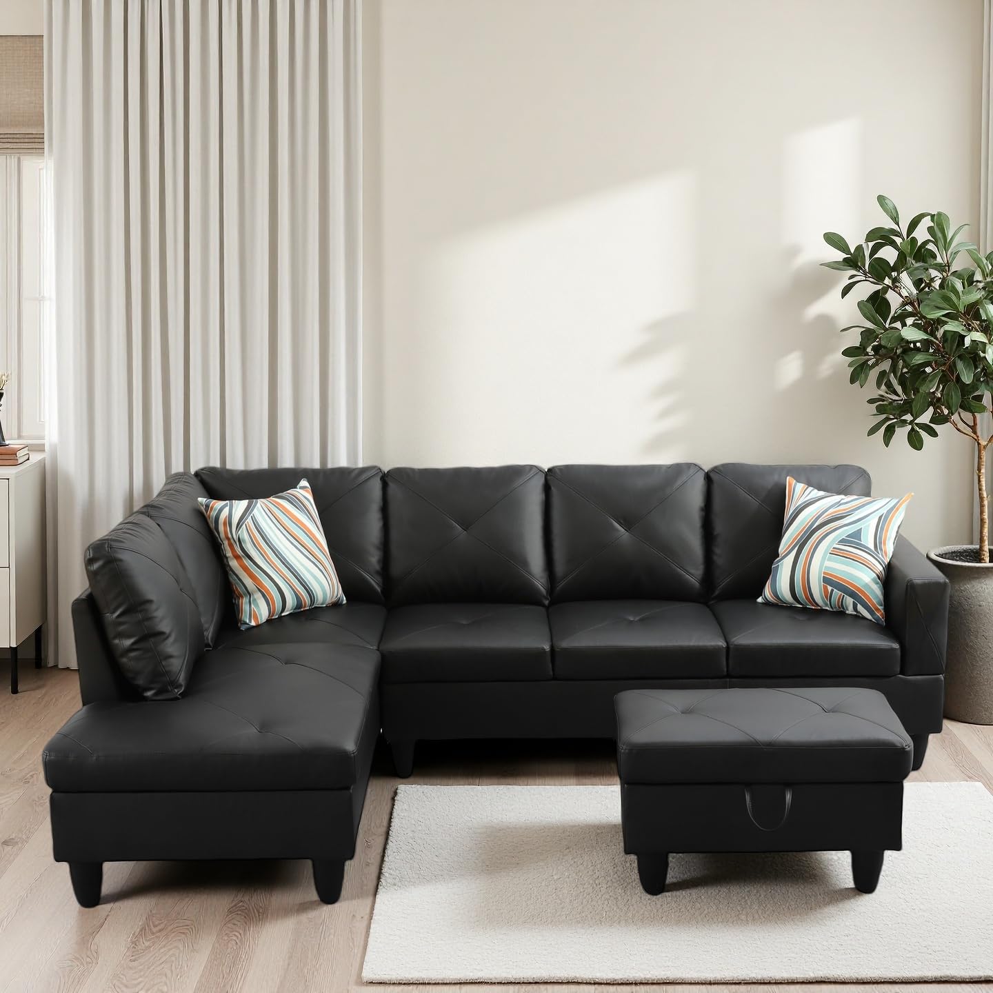 Trygoal 97" L-Shaped Sectional Sofa with Movable Chaise & Storage Ottoman, Leather 3-Piece Modular Convertible Couches for Living Room, Black