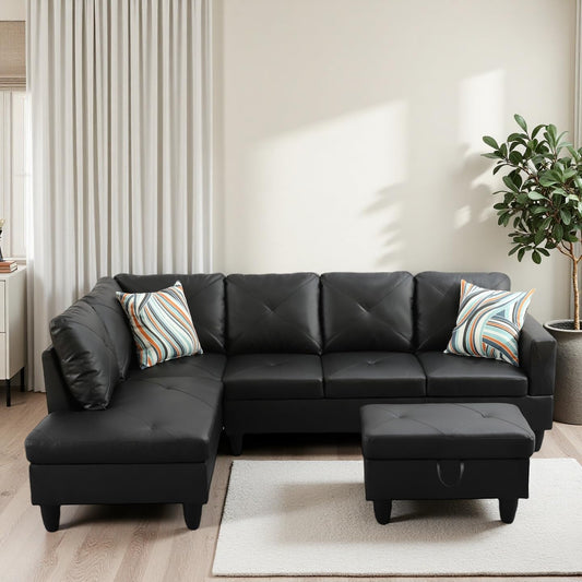 Trygoal 97" L-Shaped Sectional Sofa with Movable Chaise & Storage Ottoman, Leather 3-Piece Modular Convertible Couches for Living Room, Black