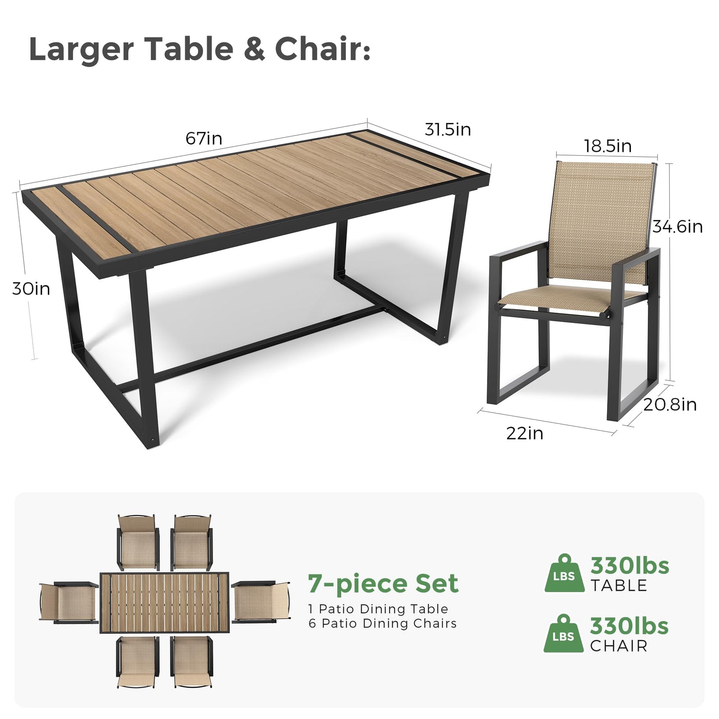 Jocoevol 7 Piece Patio Dining Set for 6, Outdoor Furniture Set Includes 67" Rectangle Patio Table and 6 Textilene Dining Chairs, Outdoor Table and Chairs for Outsides, Backyard, Garden and Poolside