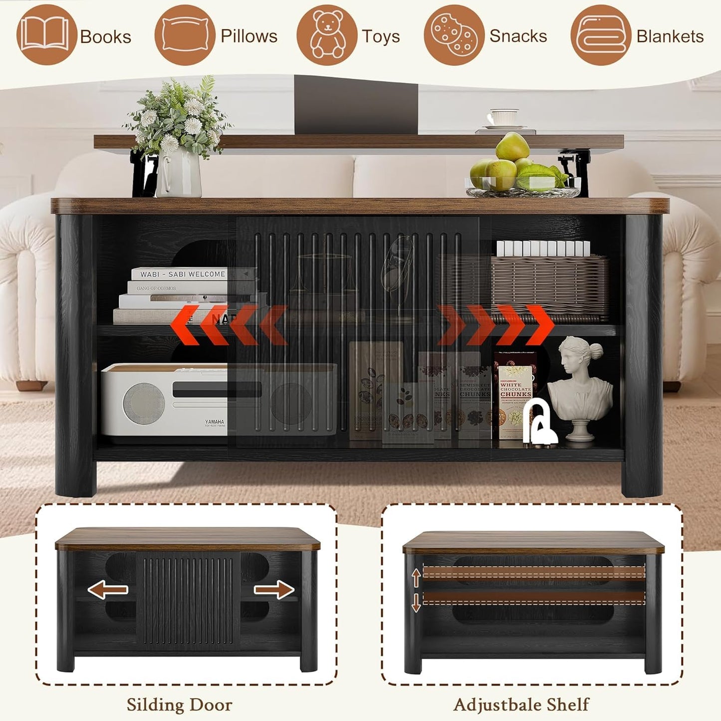 Decofy Lift Top Coffee Table with Storage Mid Century Modern Square Coffee Tables for Living Room, Large Hidden Storage Compartment, Adjustable Shelves & Sliding Door