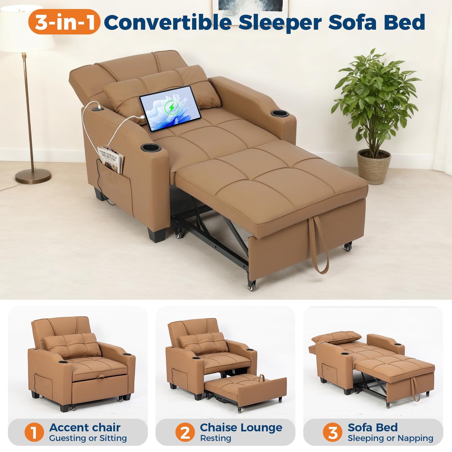 Sleeper Chair Pull Out Bed, 4 in 1 Convertible Sofa Chair Bed with Vibration Massage Lumbar Pillow, Single Sofa Recliner with USB/Type-C Port, Cup Holders and Side Pocket for Small Spaces (Brown)