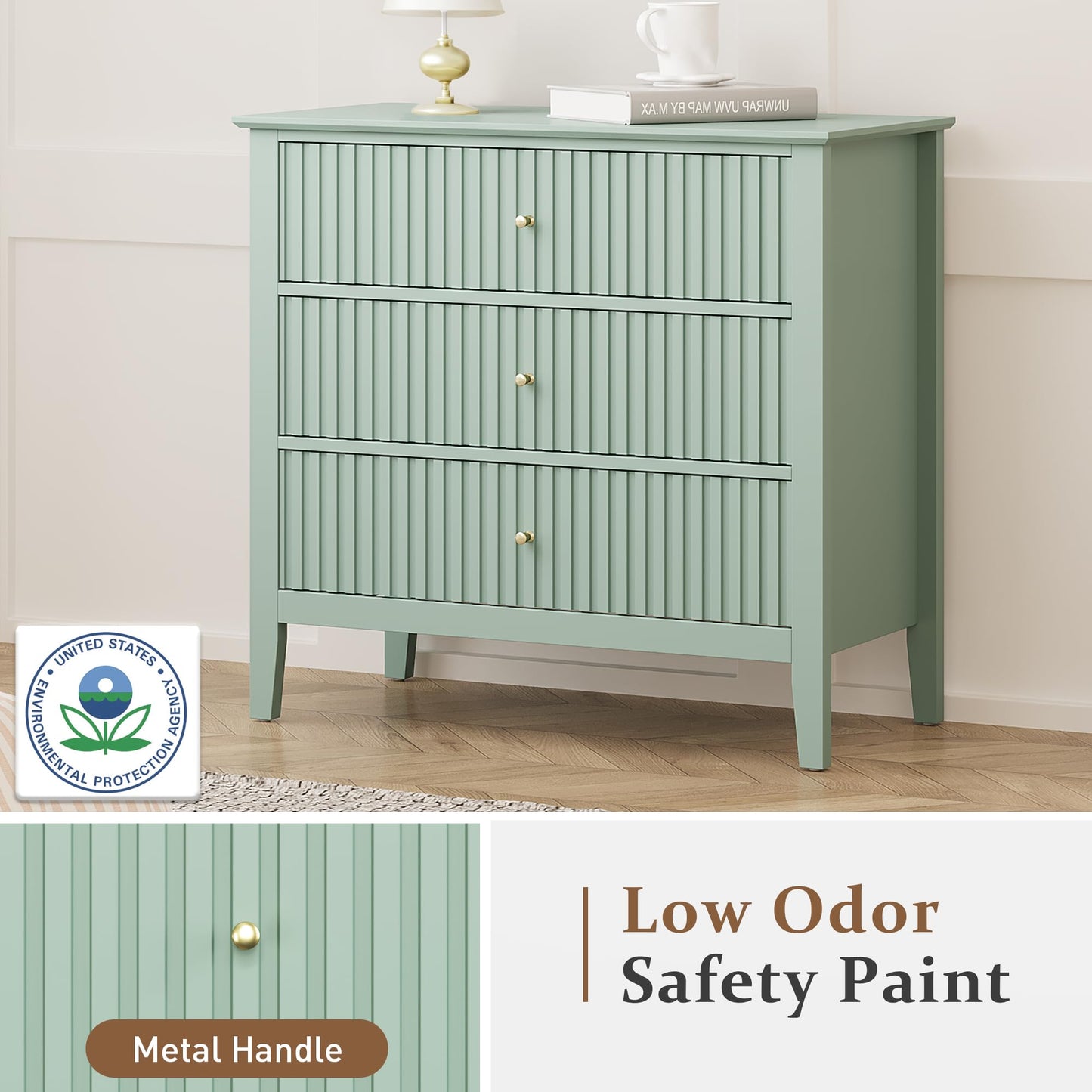 May in Color Sage Green Large 3-Section Set of 2, Painted 30 Inch Tall Wood Nightstand with Storage, Wide Modern Cabinet with Ball Bearing Slide for Hallway Living Room Entryway