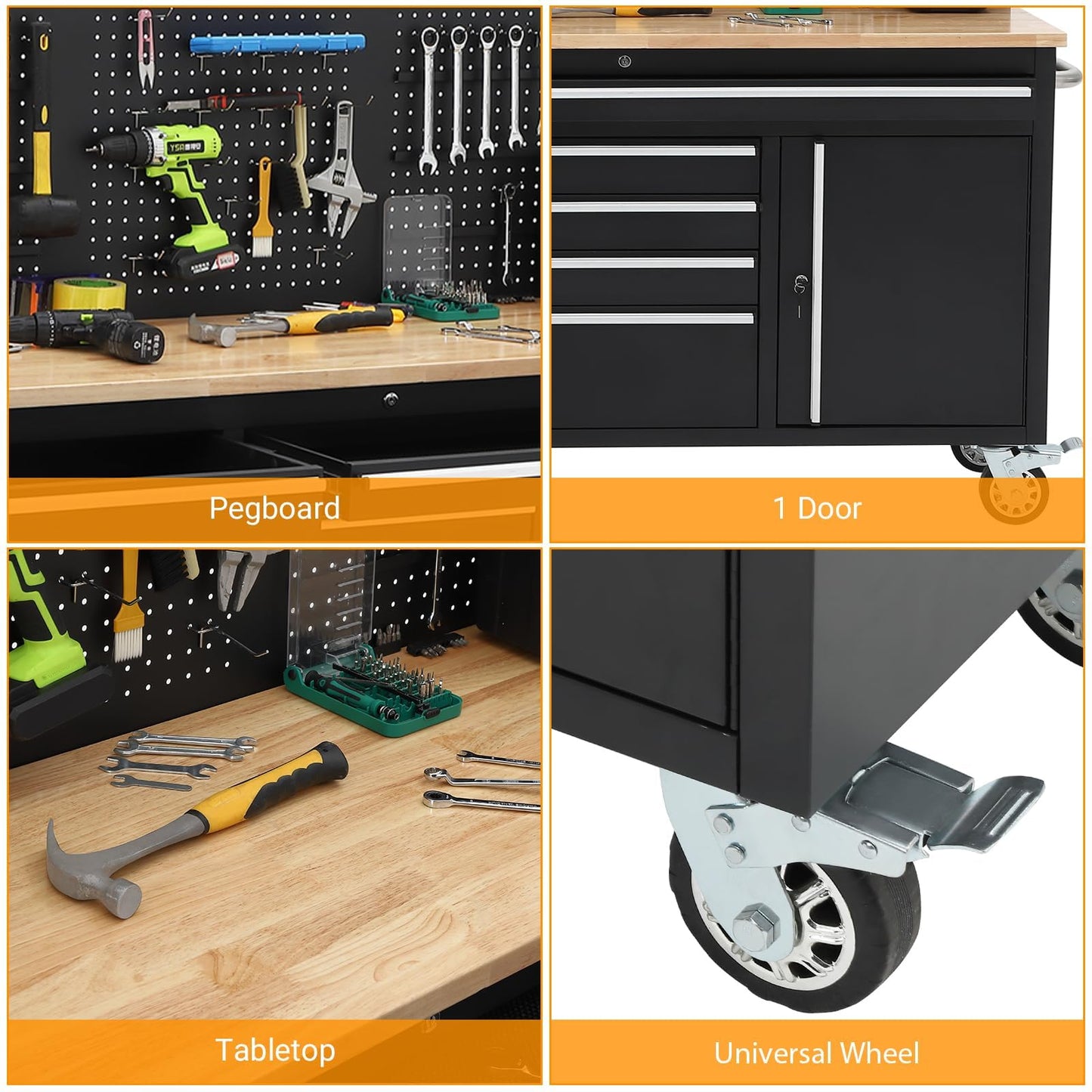 61" Rolling Tool Chest Workbench with 10-Drawers & Solid Rubber Wood Top, Mobile Heavy Duty Tool Storage Cabinet with Lock, Casters, Drawer Liner & 1675 LBS Load Capacity, Includes Power Strip