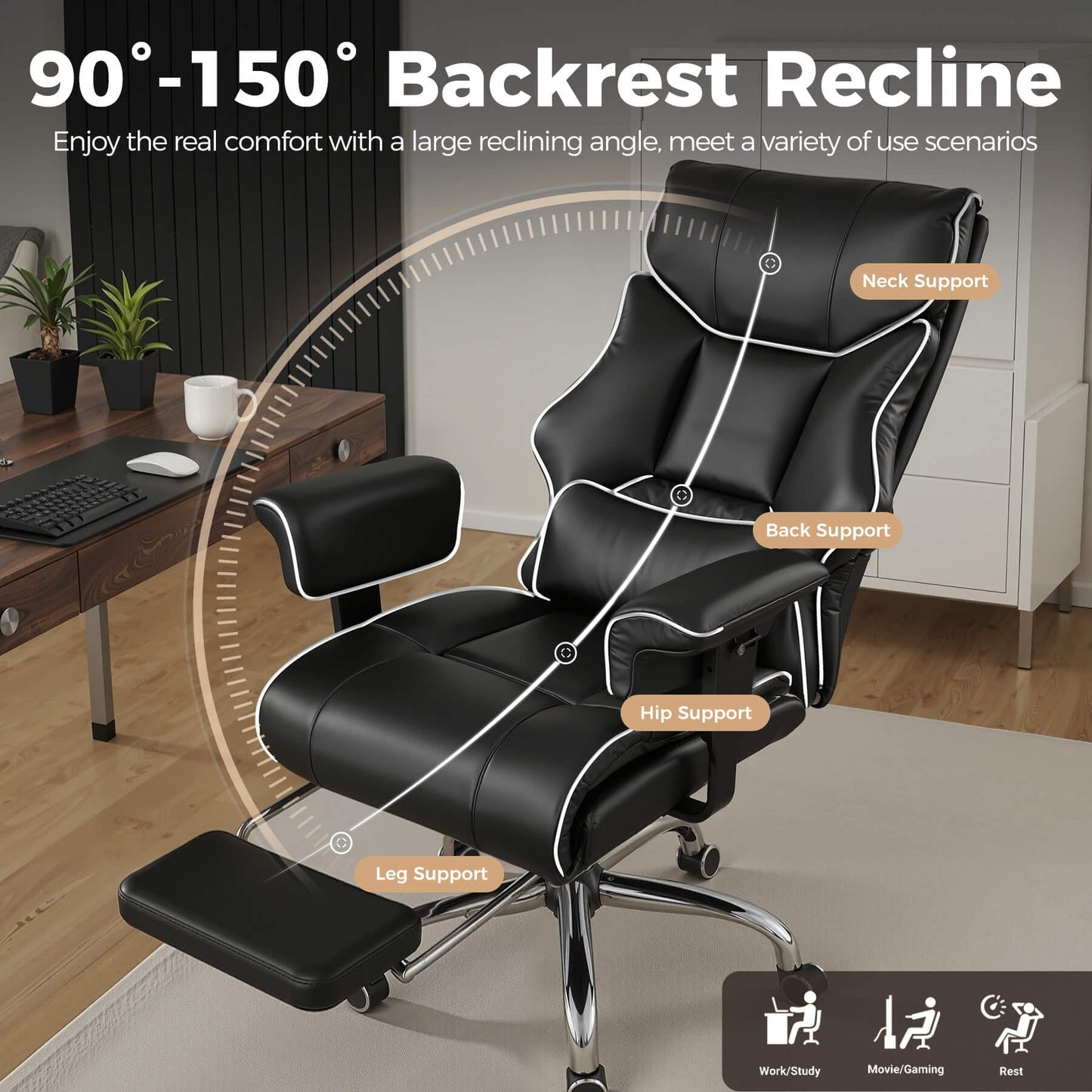 COMHOMA Big and Tall Office Chair 400lbs High Back Gaming Chair with Ergonomic Lumbar Support & Pocket Spring Cushion for Lower Back Pain Relief, Leather Executive Chair with Foot Rest, Iron Black