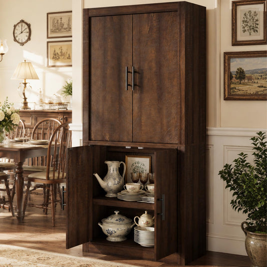 Garvee Tall Farmhouse Pantry Cabinet with Adjustable Shelves, 70.4" Kitchen Storage Cupboard with 4 Doors, Freestanding Microwave Stand and Food Organizer, Dining Area, Rustic Brown