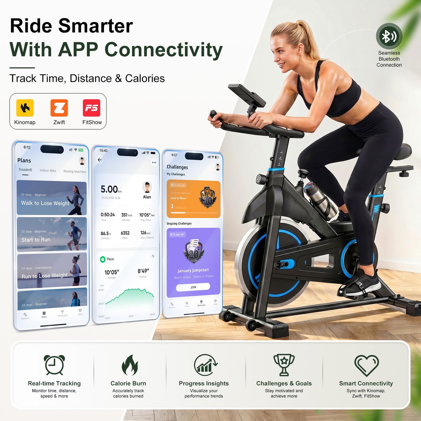 Exercise Bike with APP, Stationary Bike for Home, Workout Bike for Adults & Seniors, Indoor Cycling Bike with Adjustable Resistance, Low Noise, Easy Assembly, 265LB Weight Capacity, Black&Blue