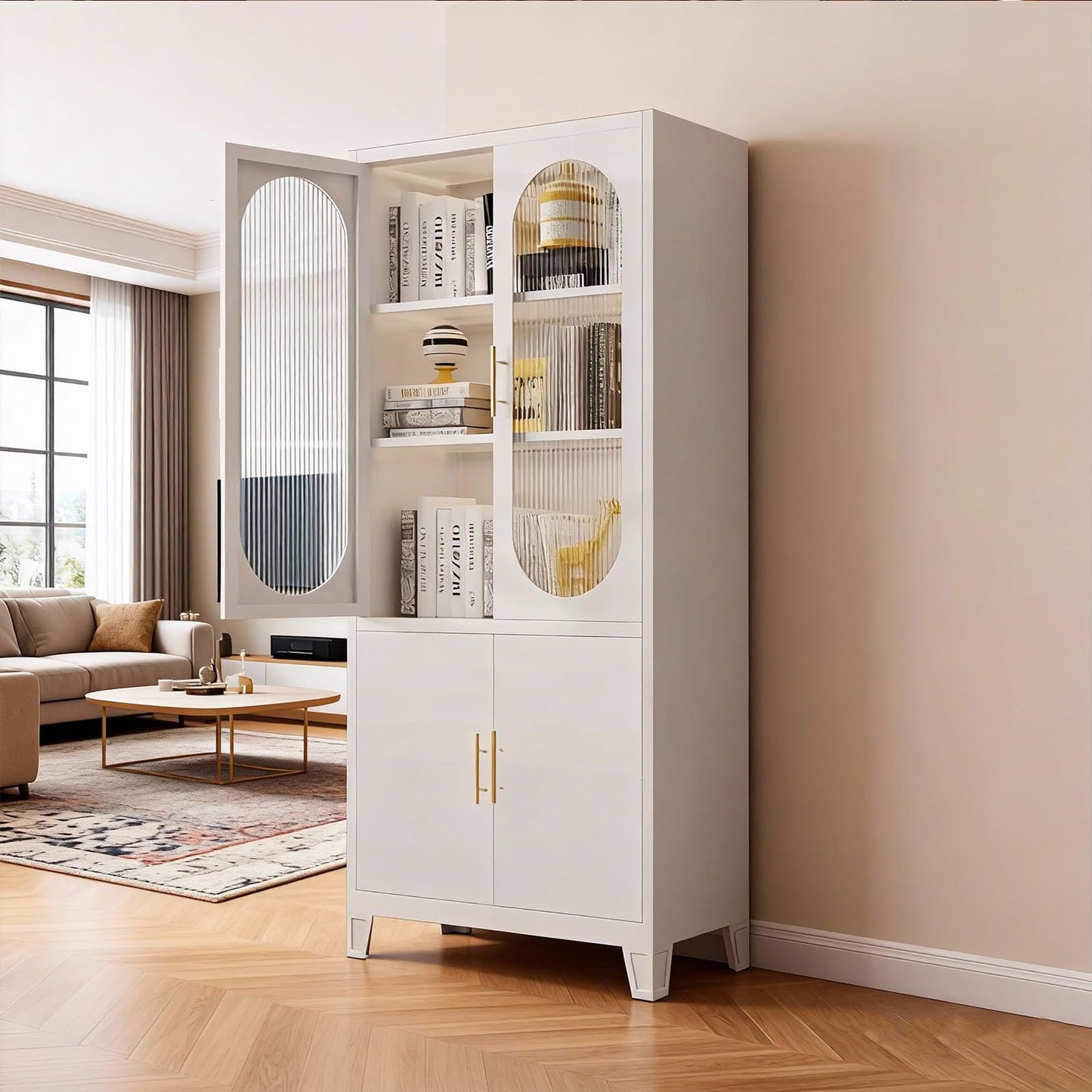 GarveeHome 70 Inch Tall White Pantry Cabinet for Small Spaces – Freestanding Kitchen Storage Cupboard with Frosted Glass Doors & Customizable Interior, Fits Bathroom, Dining or Home Office