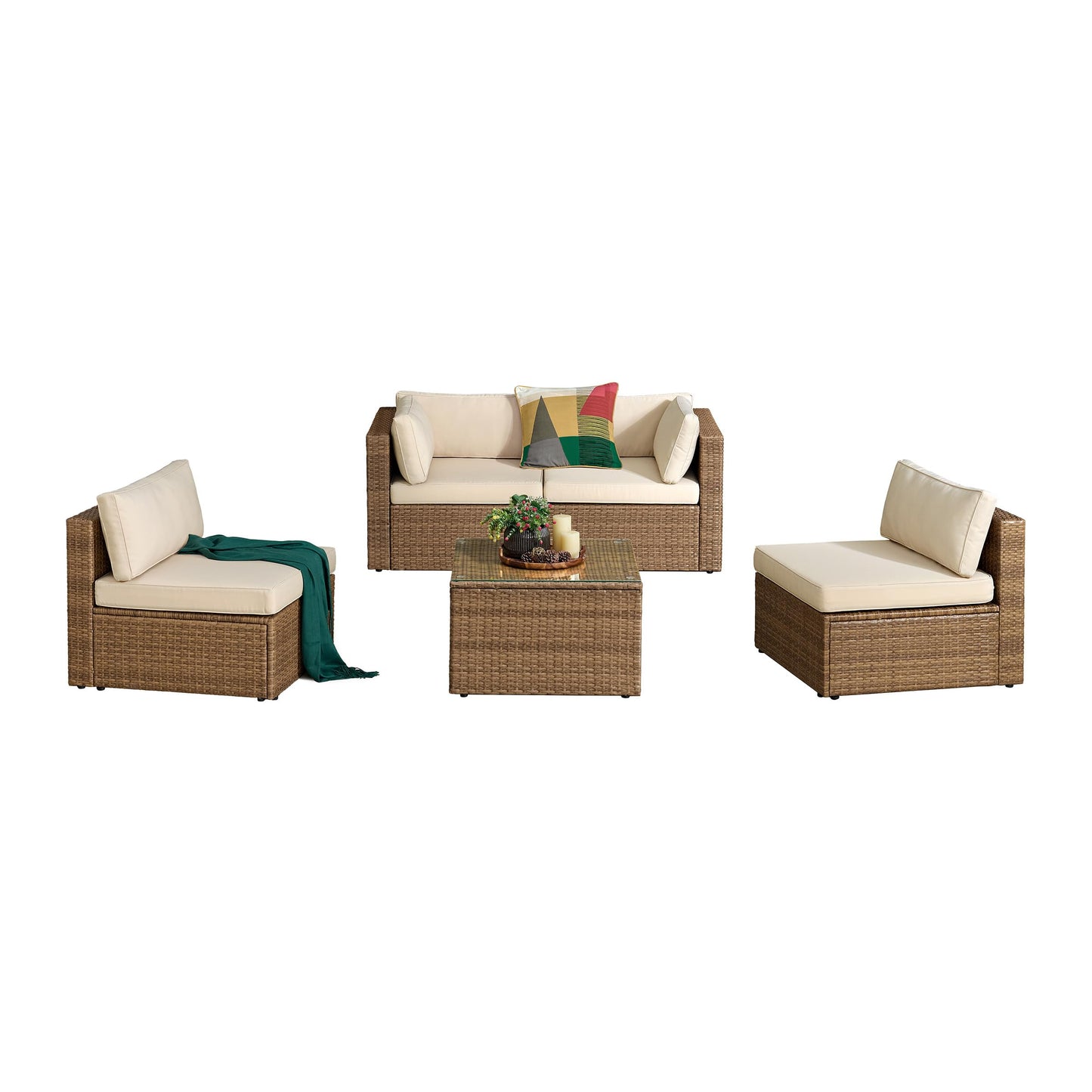 Alaterre Furniture Montara 5 Piece Modular Outdoor Patio Furniture Set - Weather-Resistant Wicker Rattan Patio Table and Chairs Set - Outdoor Couch Set for Backyard, Porch, or Deck (Tan/Cream)