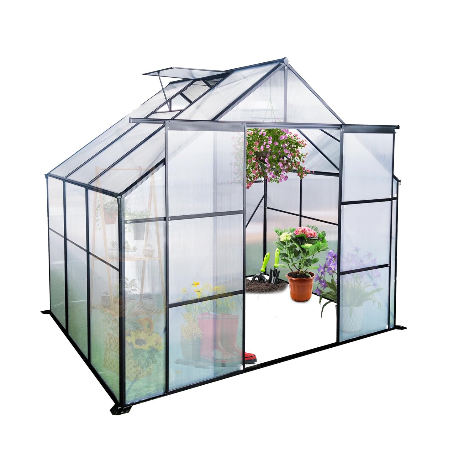 Ball & Cast 8X6 FT Greenhouse for Outdoors,Double Sliding Door Polycarbonate Raised Plant Base with Drainage System & Galvanized Frame,Backyard Anchor Aluminum Heavy Duty Walk-in Green Houses,Black