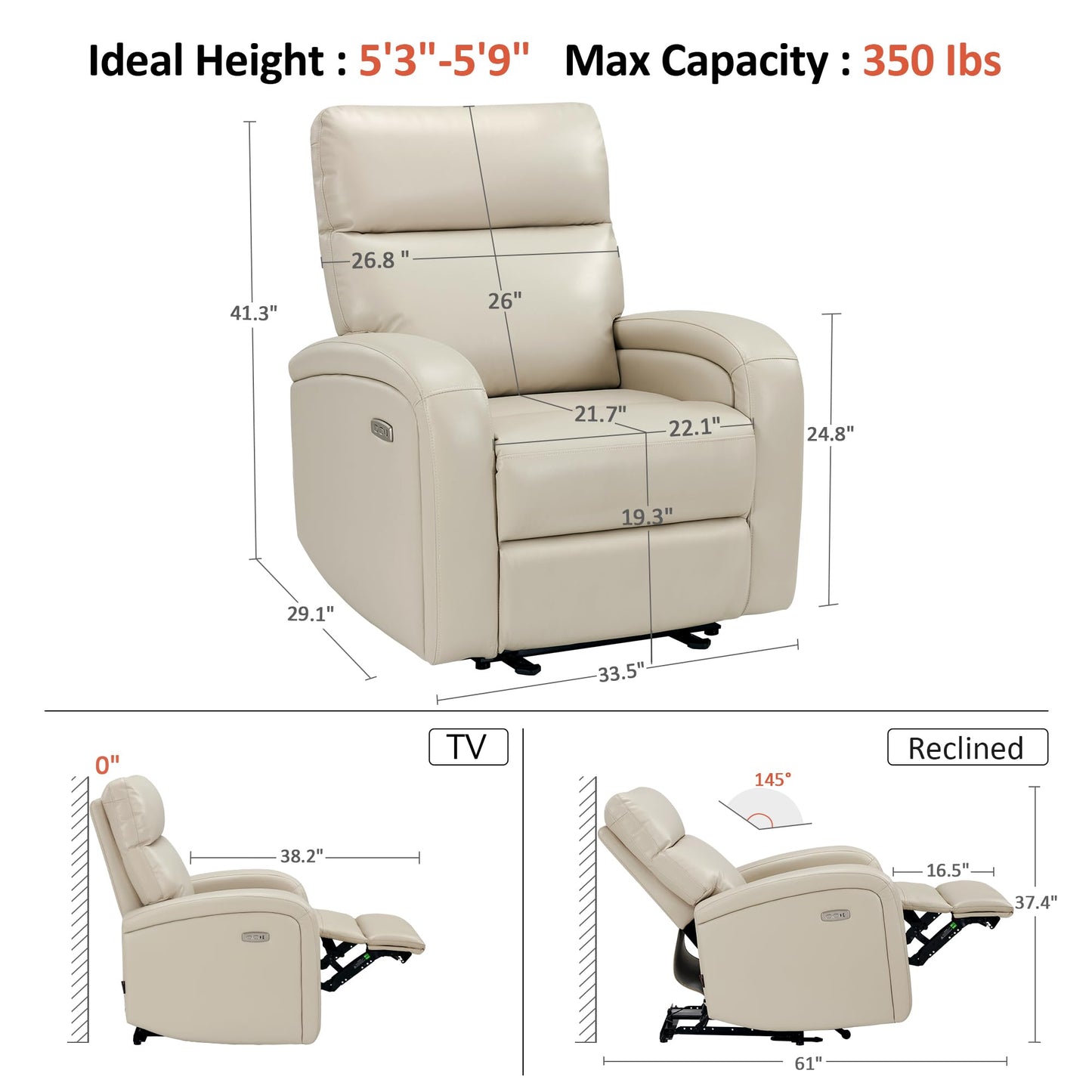 MCombo Zero Wall Recliner Chair, Power Wall Hugger Recliner with USB & Type-C Dual Charge Ports, for Small Space, Living Room, RV PR644 (Beige)