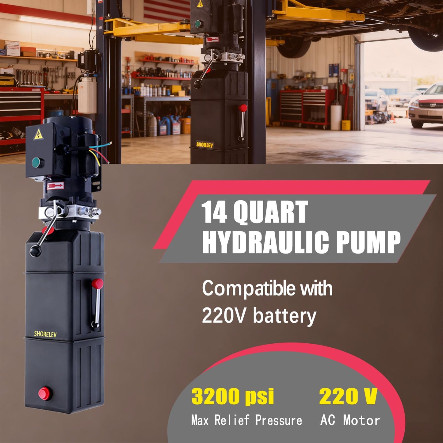 SHORELEV 220V 60Hz Hydraulic Power Unit, Hydraulic Motor, Dump Trailer Pump14L Plastic Reservoir, Manual Button Control, for Auto Lifts, Vehicle Repair, Garage Equipment, and Industrial Applications