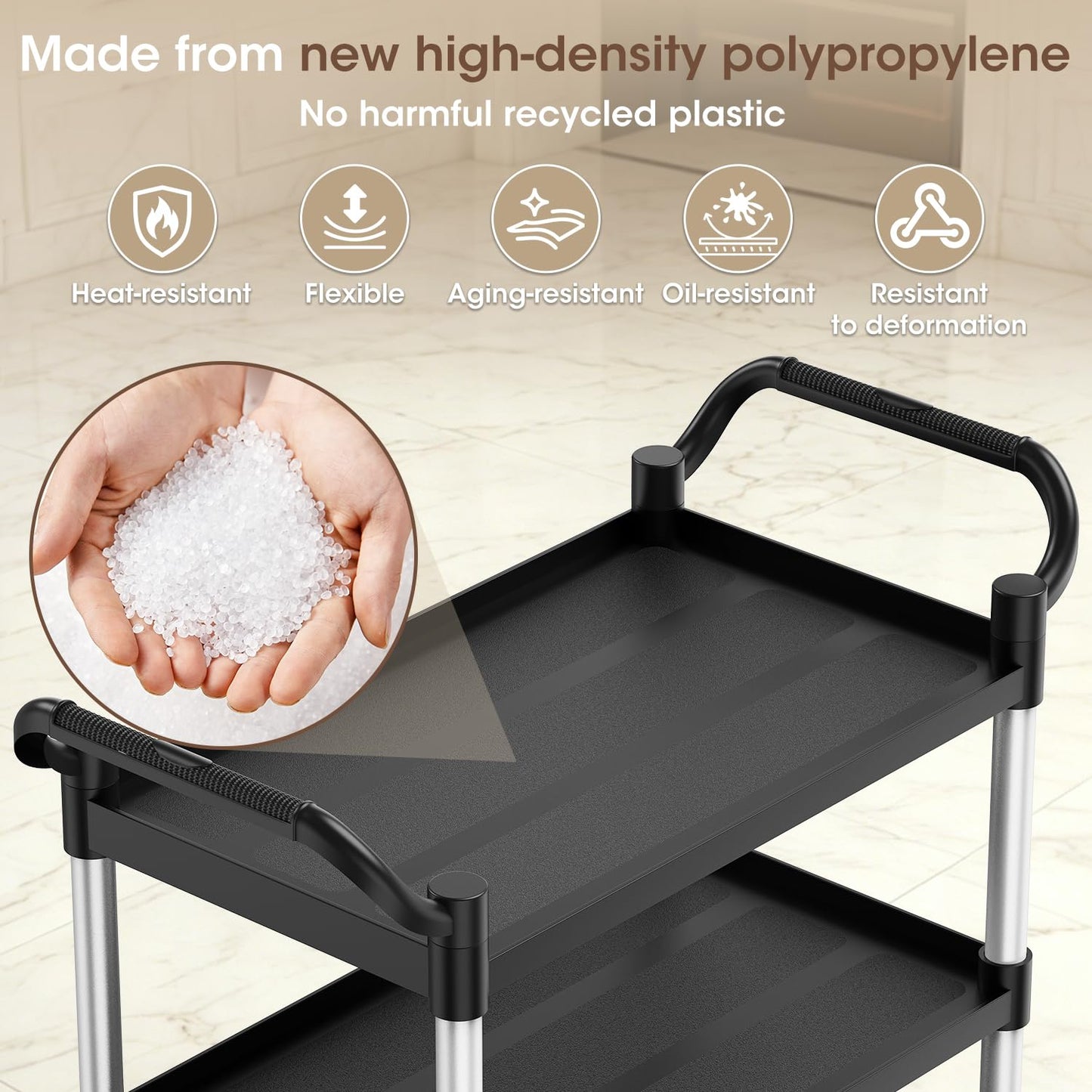 RAYCIDELI Plastic Utility Carts with Wheels, 3-Tier Rolling Cart with 4 Lockable Wheels, Heavy Duty 600 LBS Capacity Food Service Cart (Does Not Contain Recycled Plastic),19.3" D x 38.5" W x 39.5" H