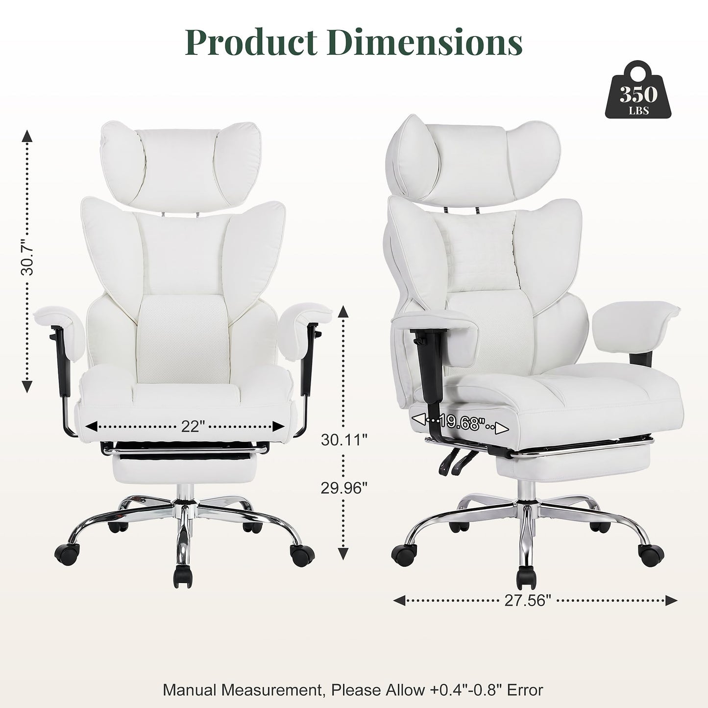 HAPPYMONT Big and Tall Ergonomic Office Chair,350 lbs,High Back Reclining PU Leather Gaming Chair with Footrest, Adjustable Armrests, Lumbar Support, Executive Desk Chair for Home Office, Beige