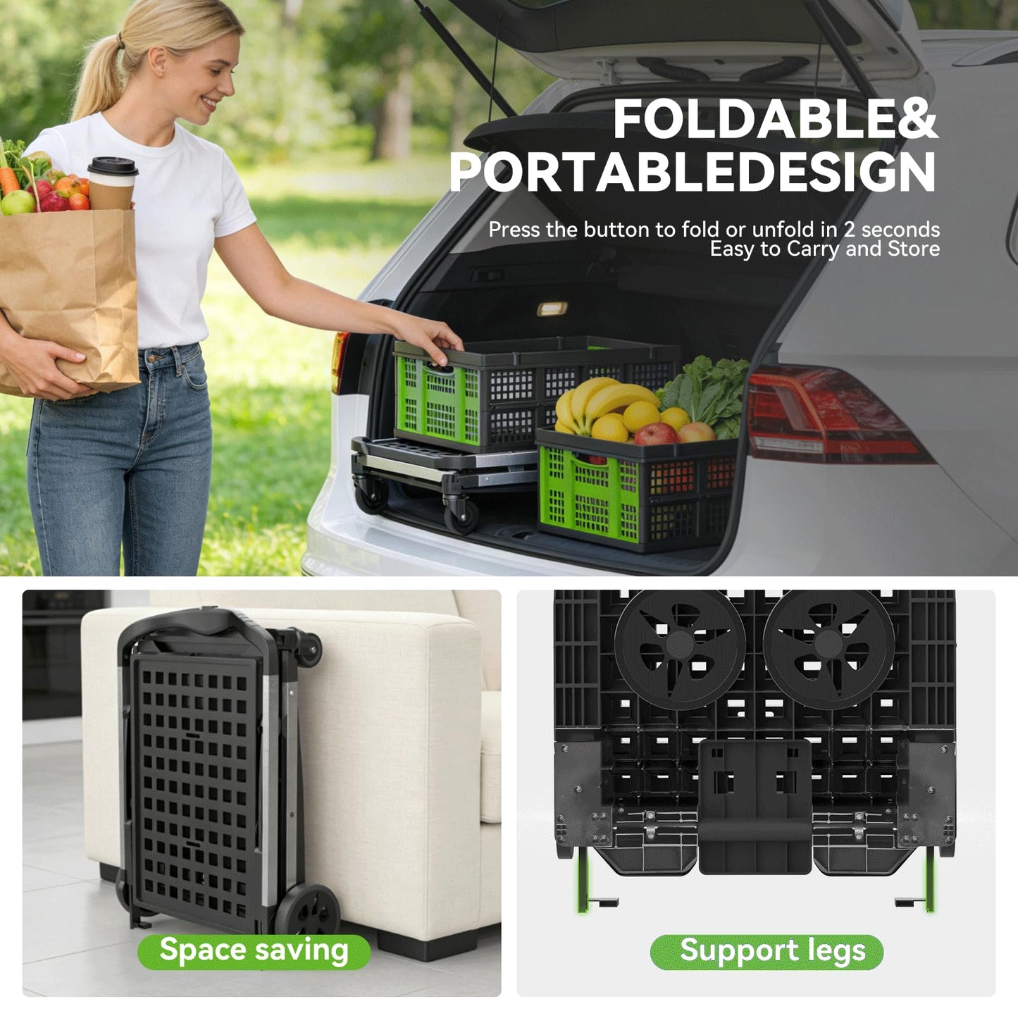 Collapsible Shopping Cart with Wheels,2 Tier Multi Use Foldable Shopping Cart with 2 Storage Crates,Folding Shopping Trolley Utility Cart for Office,Groceries, Warehouse,Supermarket,Picnic (Green)