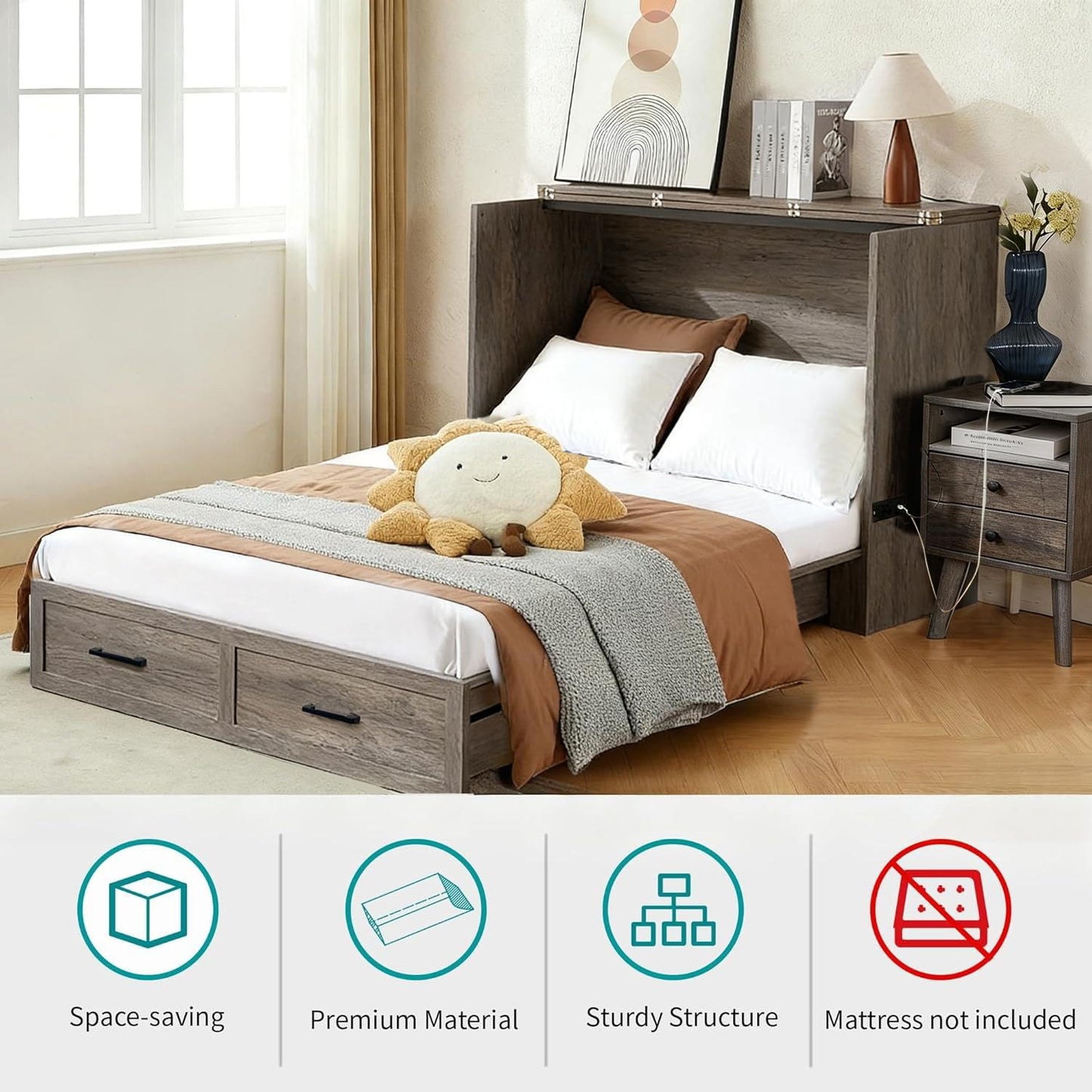 UYIHOME Full Murphy Bed Cabinet with Charging Station and Storage, Farmhouse Foldable Platform Bed for Guest Bedroom,Home Office Bed Frame with Storage,Rustic Grey (Full Size)