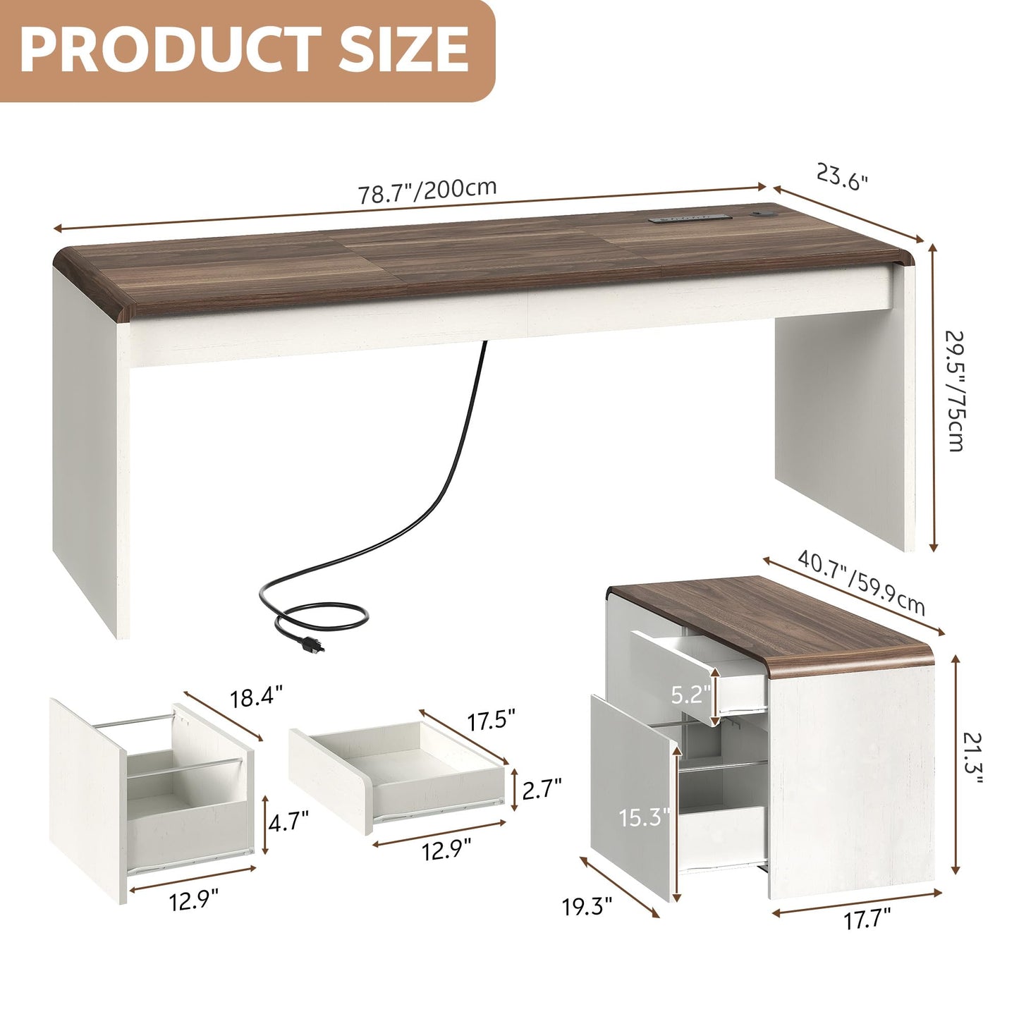 Homiflex Mid-Century Modern 78" L-Shaped Executive Desk with Independent Mobile File Cabinet, Large Home Office Desk with Drawers and 4 AC + 2 USB Power Outlets, Waterfall Edge Design, White & Walnut
