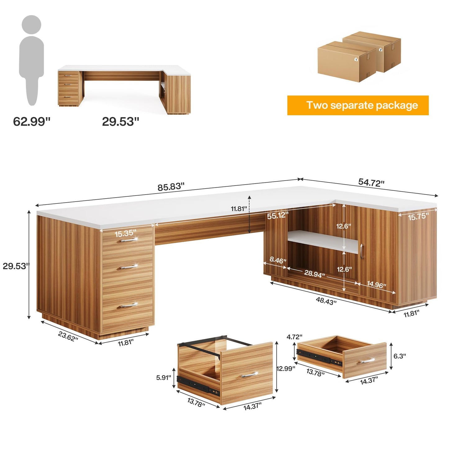 Tribesigns 85.8-Inch L-Shaped Executive Office Desk with File Drawers & Storage Cabinet, Professional Corner Computer Desk Extra Large Business Workstation with Adjustable Shelves (White&Walnut)