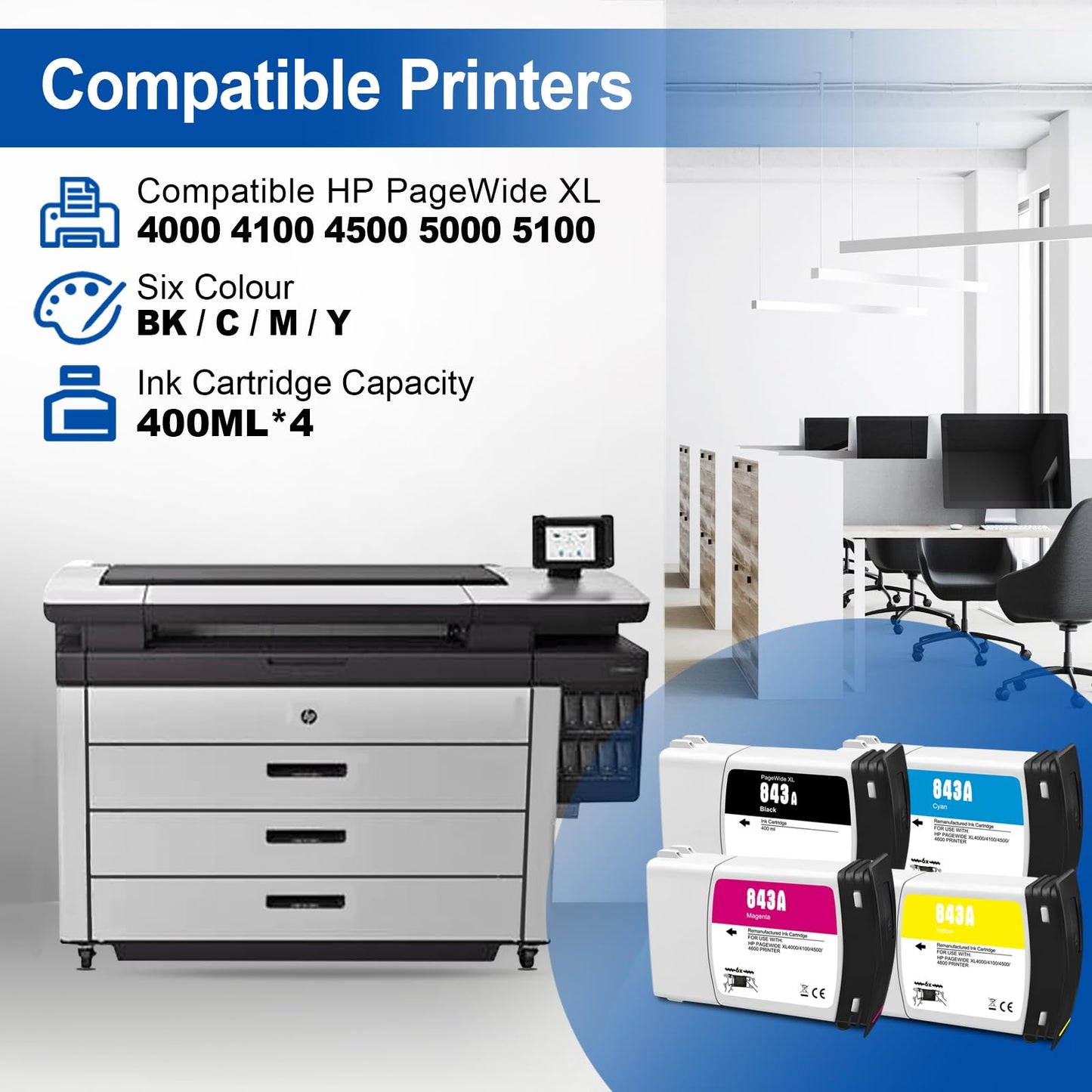 GTPRI Compatible for HP 843A C1Q57A C1Q58A C1Q59A C1Q60A Ink Cartridge 400ML B6Y15A for HP PageWide XL 4000 4100 4500 4600 5000 5100 Wide Format Printer Ink Black Yellow Magenta Cyan