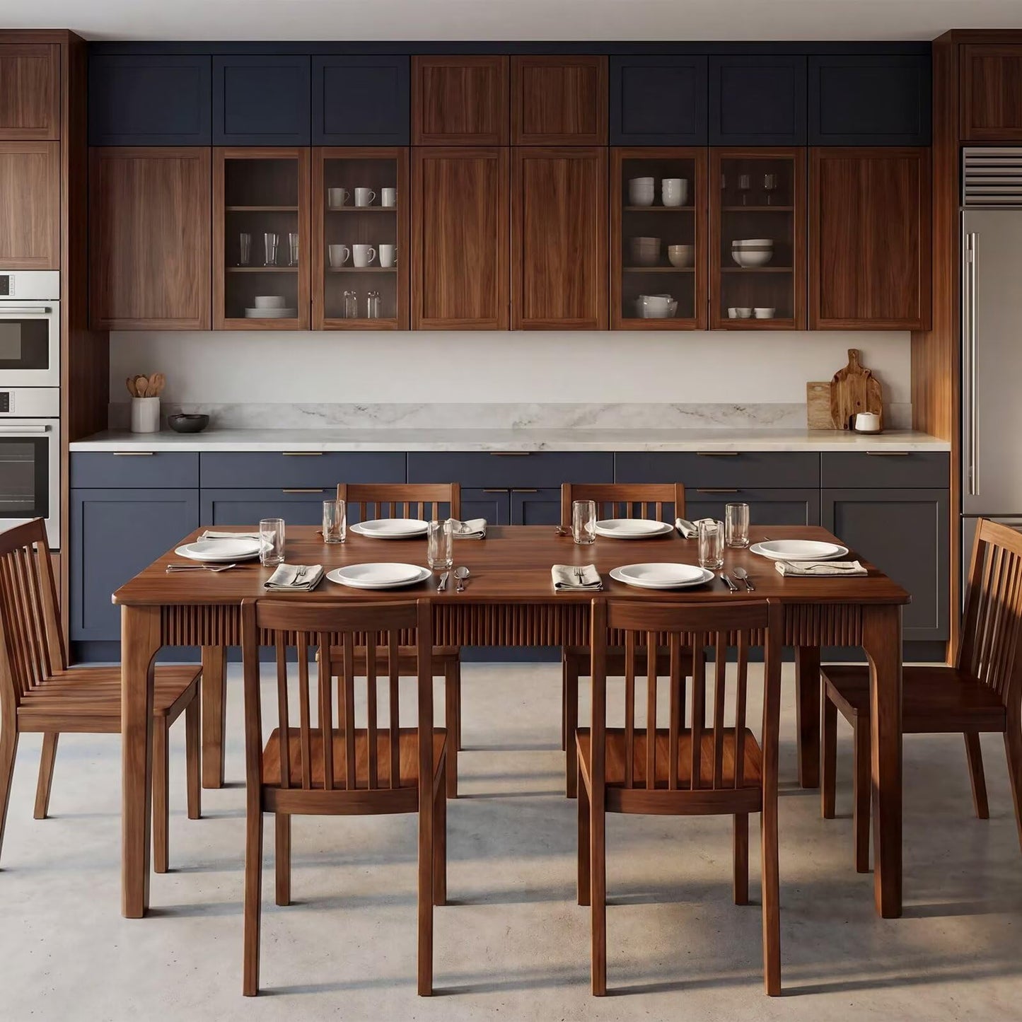 55" Solid Wood Dining Room Table for 4-6,Modern Farmhouse Rectangular Kitchen Real Wooden Table,Mid Century Fluted Design Large Furniture Desk for Home,Apartment,Living Room Walnut