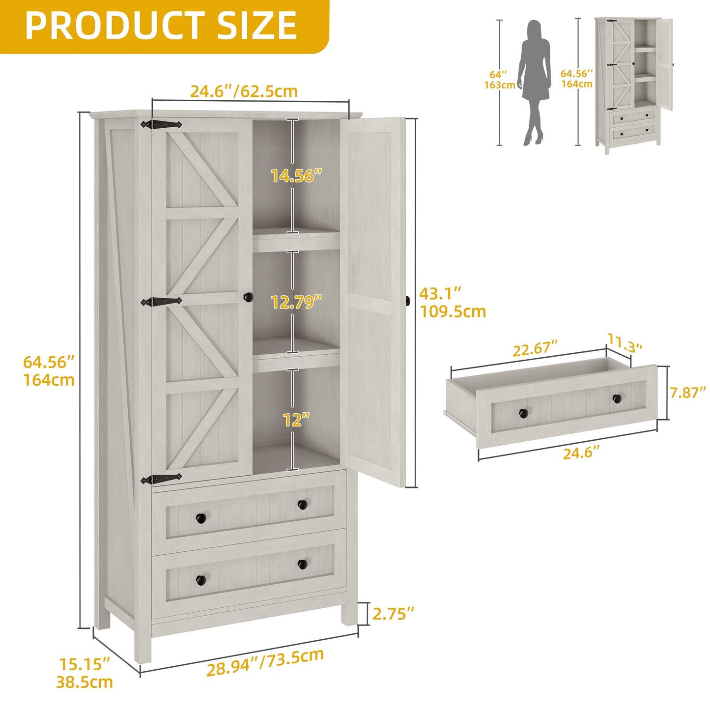 DWVO 64.5" H Kitchen Pantry Cabinet, Storage Cabinet with Barn Doors, 2 Drawers and Adjustable Shelves, Farmhouse Cupboard for Dining Room, Living Room, Bathroom, Off White