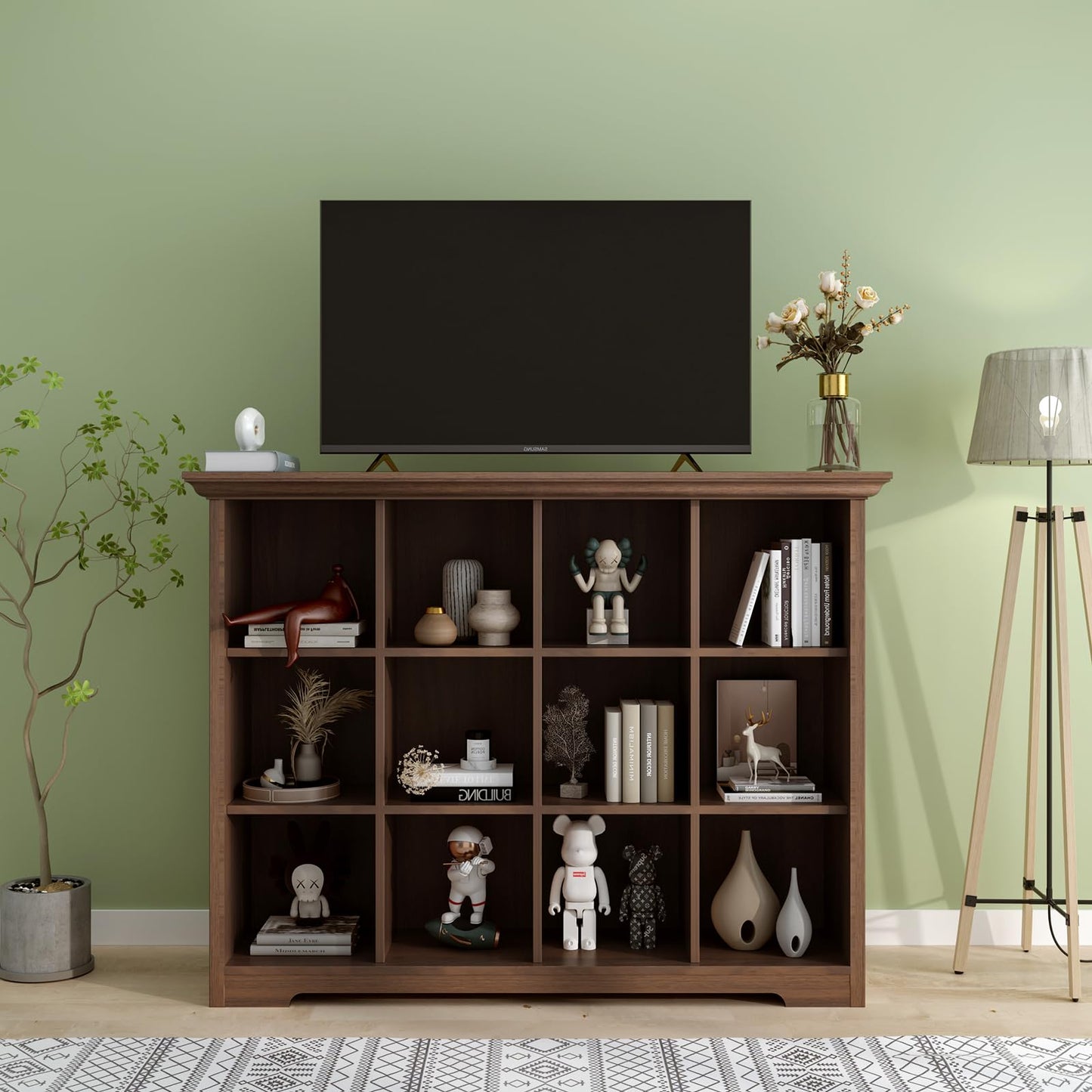 OSCHF Cube Shelf Bookcase with Base - Wooden 3 Tiers Floor Standing Low Storage Cabinet for Home and Office, 12-Cube Lattice Bookshelf, Walnut