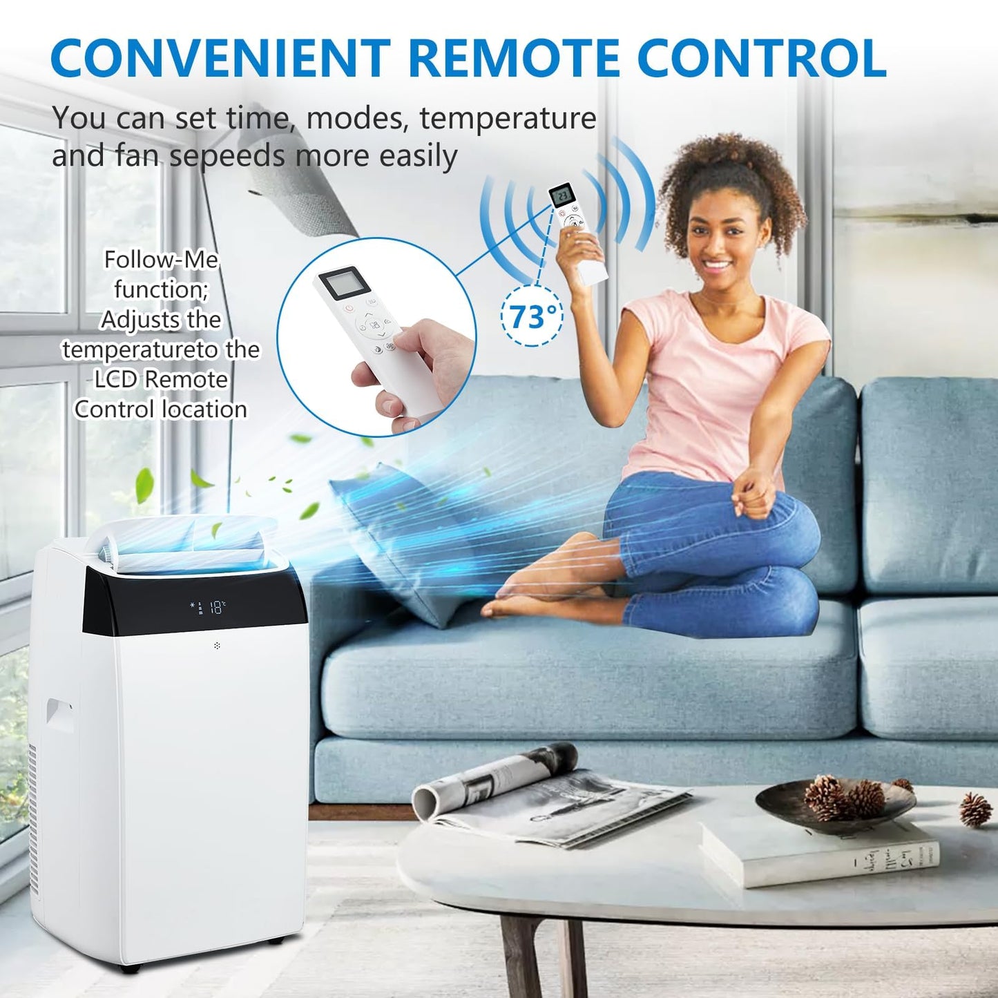 14,000 BTU Portable Air Conditioner Cools up to 750 Sq.Ft, 3-in-1 Quiet Portable AC Unit with Remote Control & Installation Kits for Large Room, 3 Speed, Auto Swing, 24H Timer