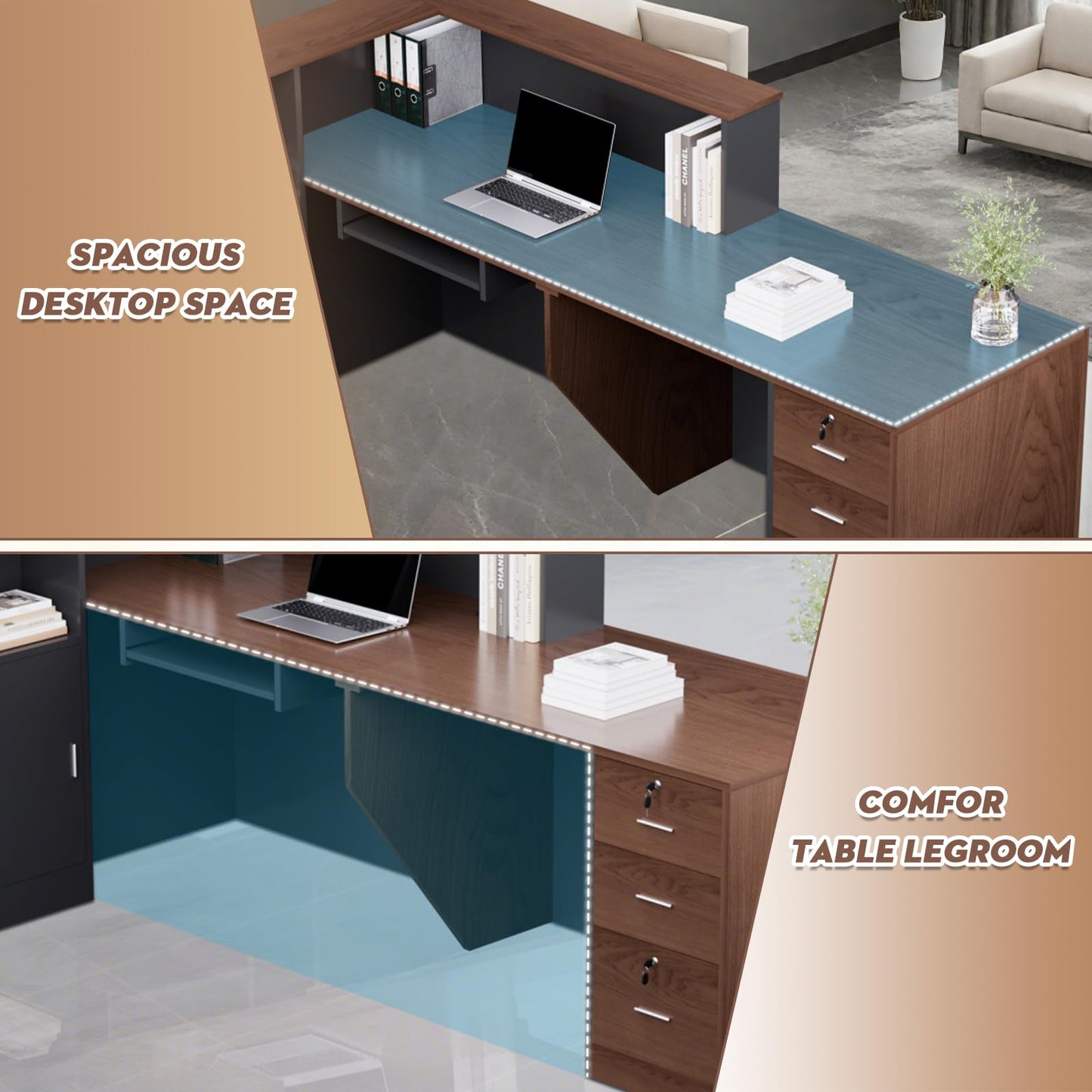 L-Shaped Large Wooden Reception Desk, Modern Front Desk Reception Counter with Lockable Drawers & Storage & Keyboard Tray, for Checkout, Lobby (Right-Walnut/Gray 87''L x 42''W x 41''H)