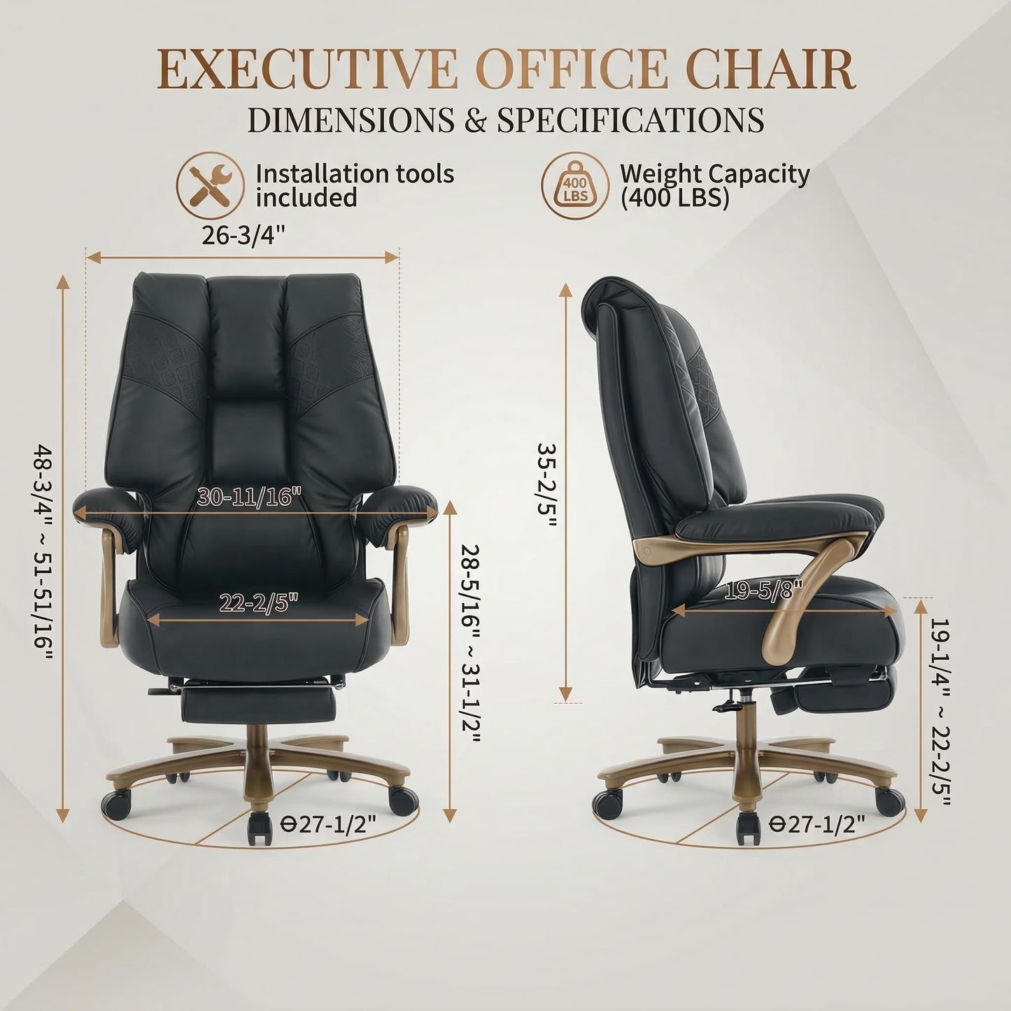 EXCEBET Big and Tall Office Chair 400lbs Wide Seat, Ergonomic Executive Desk Office Chair with Footrest, High Back PU Leather Chair with Lumbar Support, Padded Armrests, Heavy Duty Base, Black