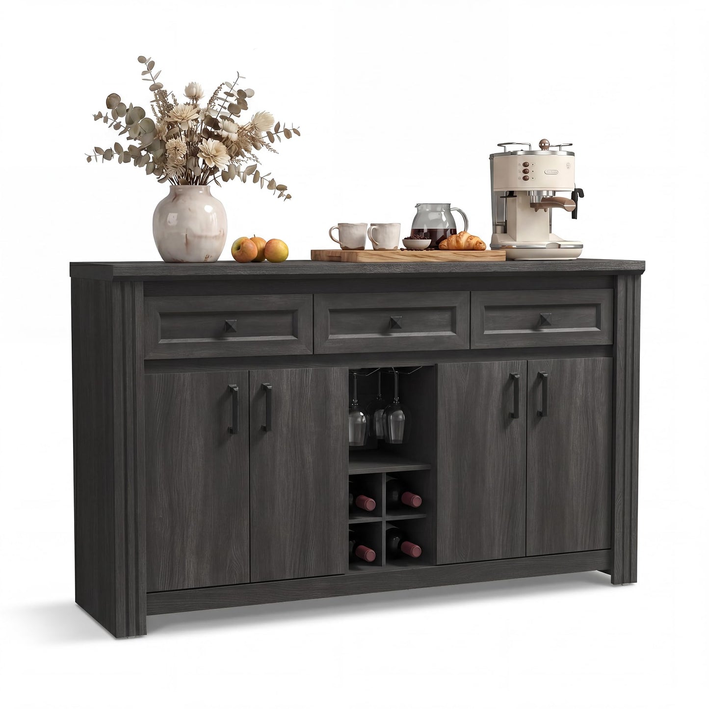 nesture. 55" Buffet Sideboard with Power Outlet, Farmhouse Wood Coffee Bar Cabinet with Wine Rack, Glass Holder, Ajustable Shelves for Kitchen, Black