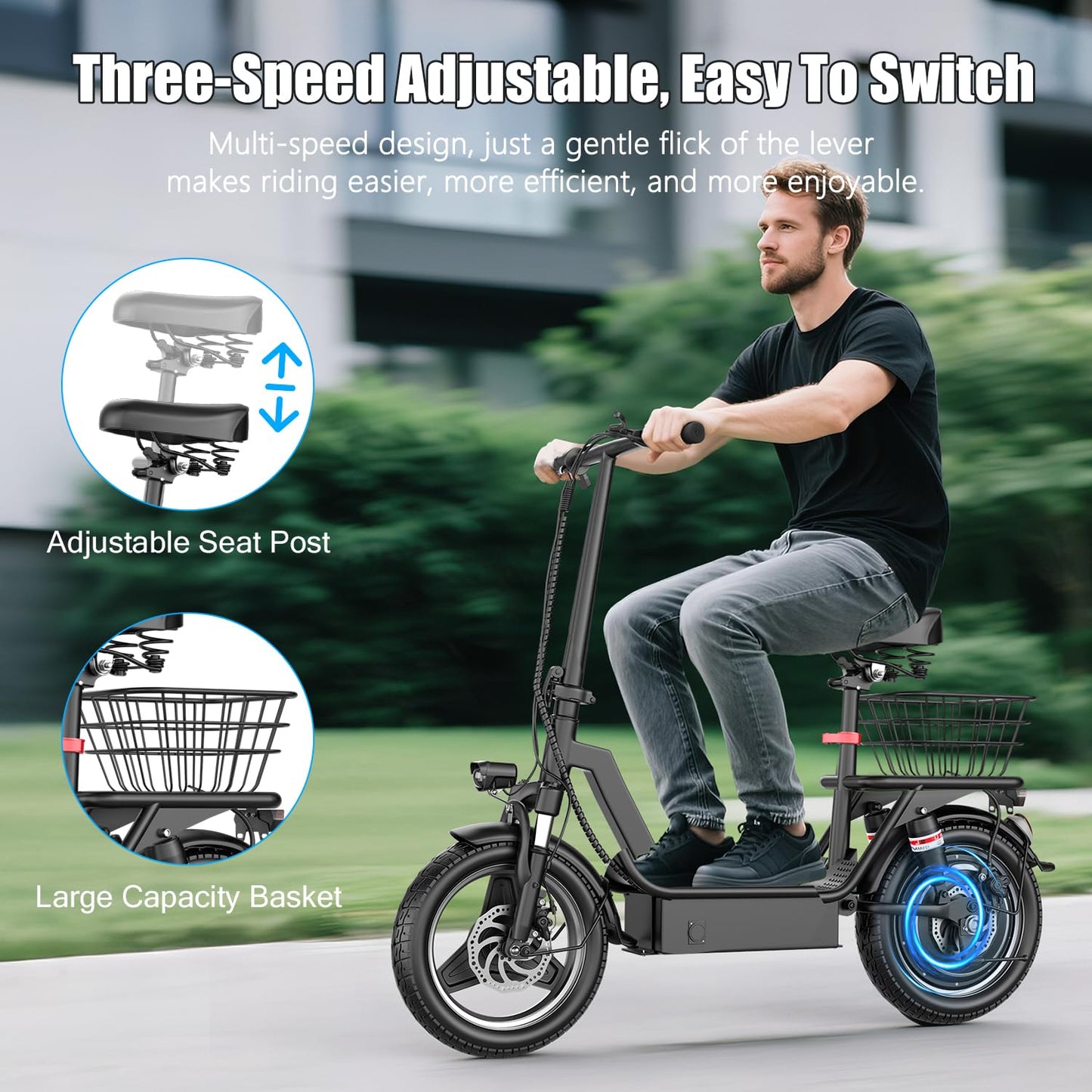 Electric Scooter Adults with Seat, 1000W Peak Motor, 35 Miles Range, 25MPH Top Speed, 14" Foldable E-Scooter with Seat and Basket for Cargo, Dual Suspension for Commuting