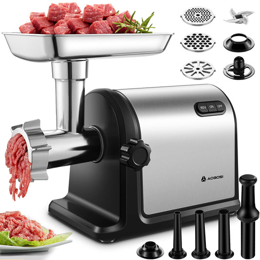 AAOBOSI Heavy Duty Stainless Steel Meat Grinder | 3000W Max | 3 Plates | 3 Sausage Stuffers | Stainless Steel Blade | Kubbe Maker | One-Button Control