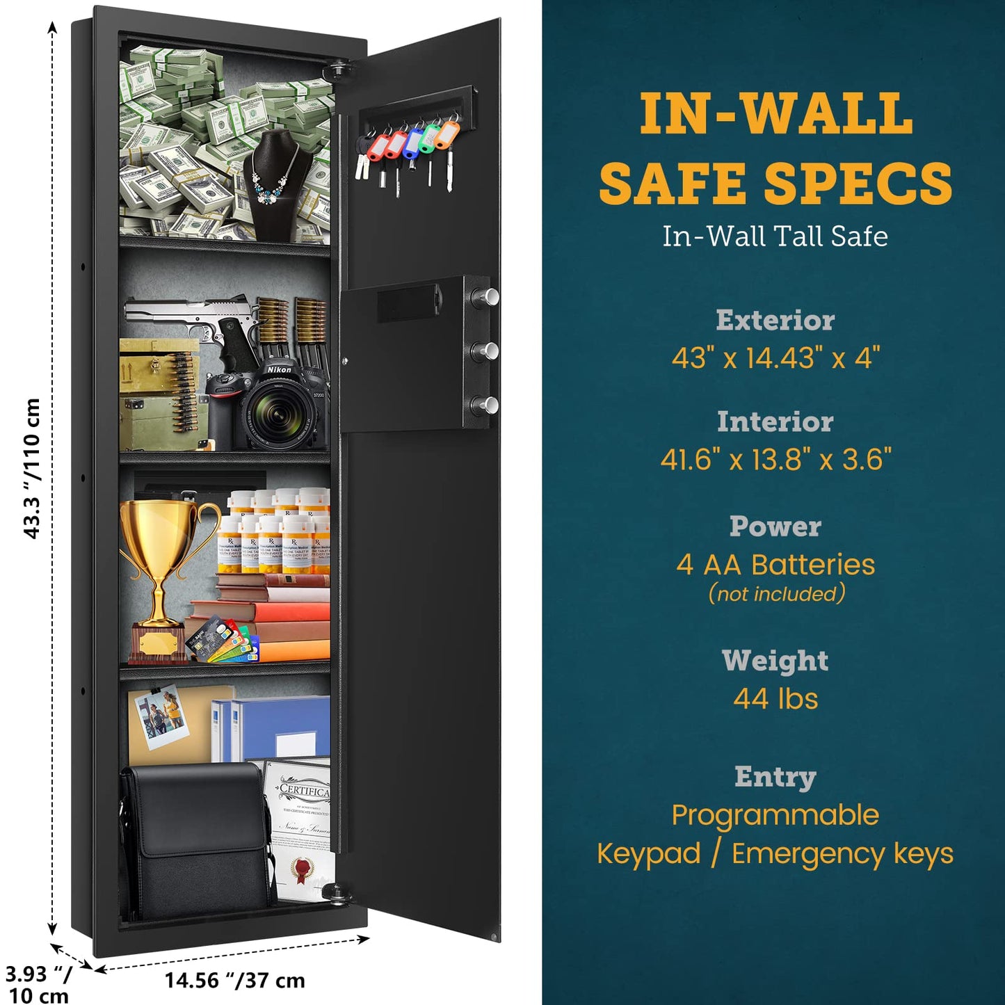 GHJGAGE 43.3'' Tall Fireproof Wall Safe Between Stud, Heavy Duty Flush In Wall Safe With Digital Keypad & Removable Shelf, Hidden Gun Safe, Security Home Wall Safes For Storage Firearms Money Medicine