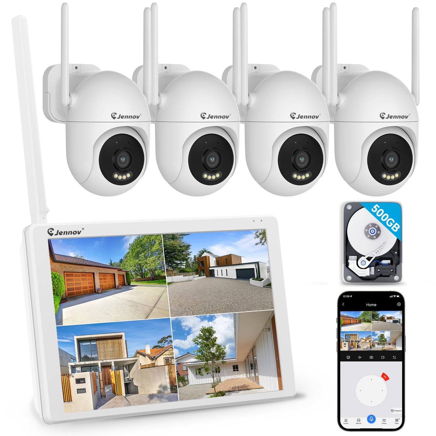 Jennov 5MP Wireless Security Camera System with Monitor, 4 Outlet-Powered WiFi Cameras, 10CH NVR with 500GB HDD, Night Vision, Motion Detection, IP66, No Subscription, Indoor Outdoor