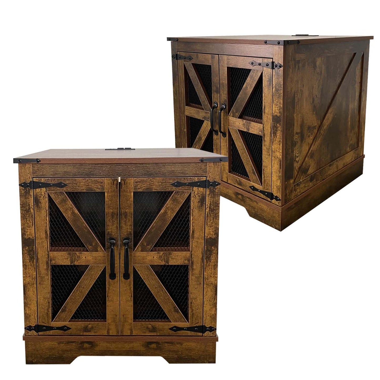 Seekverse Farmhouse Nightstand with Charging Station Set of 2, Side Table with Barn Door and Storage, Rustic Wood Bedside Table, End Table for Living Room and Bedroom, Brown, 2