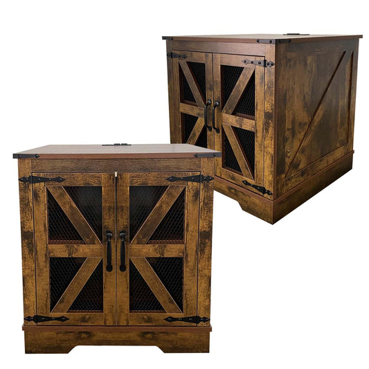 Seekverse Farmhouse Nightstand with Charging Station Set of 2, Side Table with Barn Door and Storage, Rustic Wood Bedside Table, End Table for Living Room and Bedroom, Brown, 2