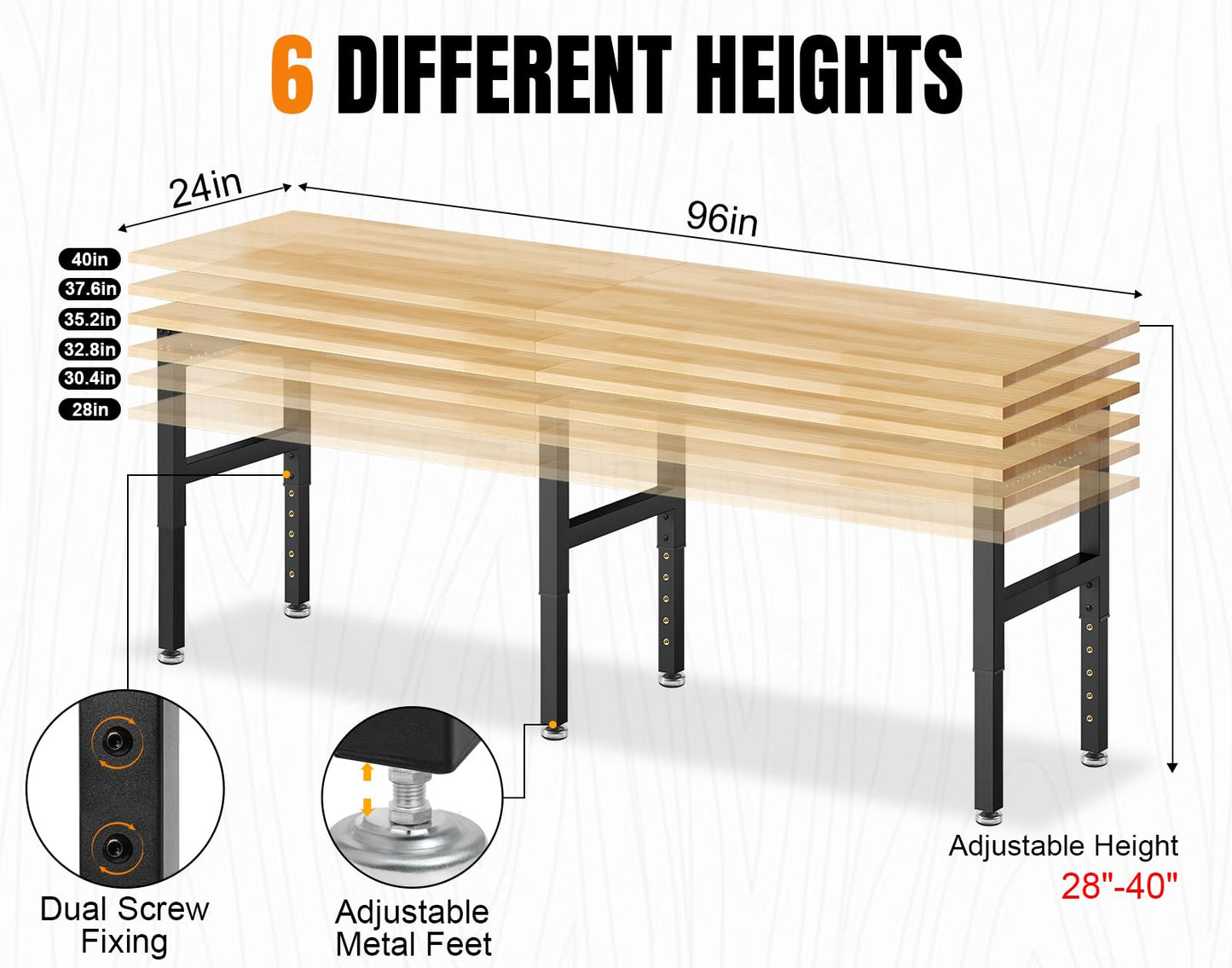 MUWOOD 96" Adjustable Height Workbench, 2000 LBS Heavy Duty Table Rubber Wood Workstation with Power Outlet & Pegboard for Garage, Office, Workshop, Home,Commercial