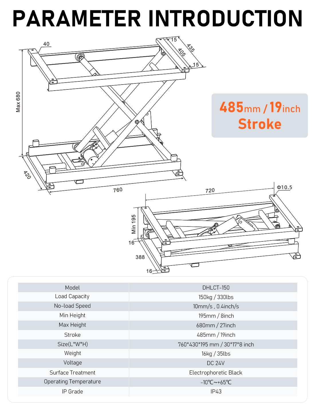 DIHOOL Electric Scissor Lift Table, 350Lbs Capacity, 7.68"-26.77" Height Adjustable Lifting Platform, Super Quiet with Remote & WiFi Control, Obstruction Detection, AC/DC Power for Home/Industrial Use