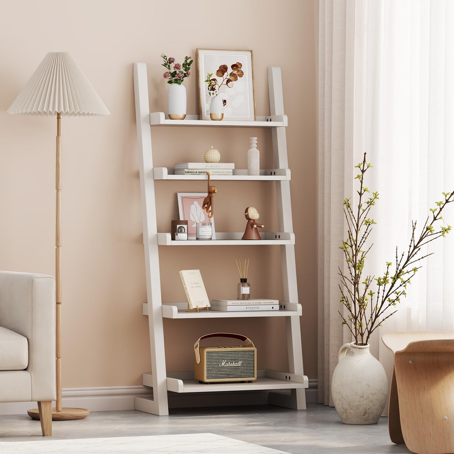 AQIMUELE White Wooden Ladder Shelf with Edges, 5-Tier Modern Leaning Bookshelf Ladder – Stylish Space-Saving Bookcase for Living Room, Bedroom & Home Office