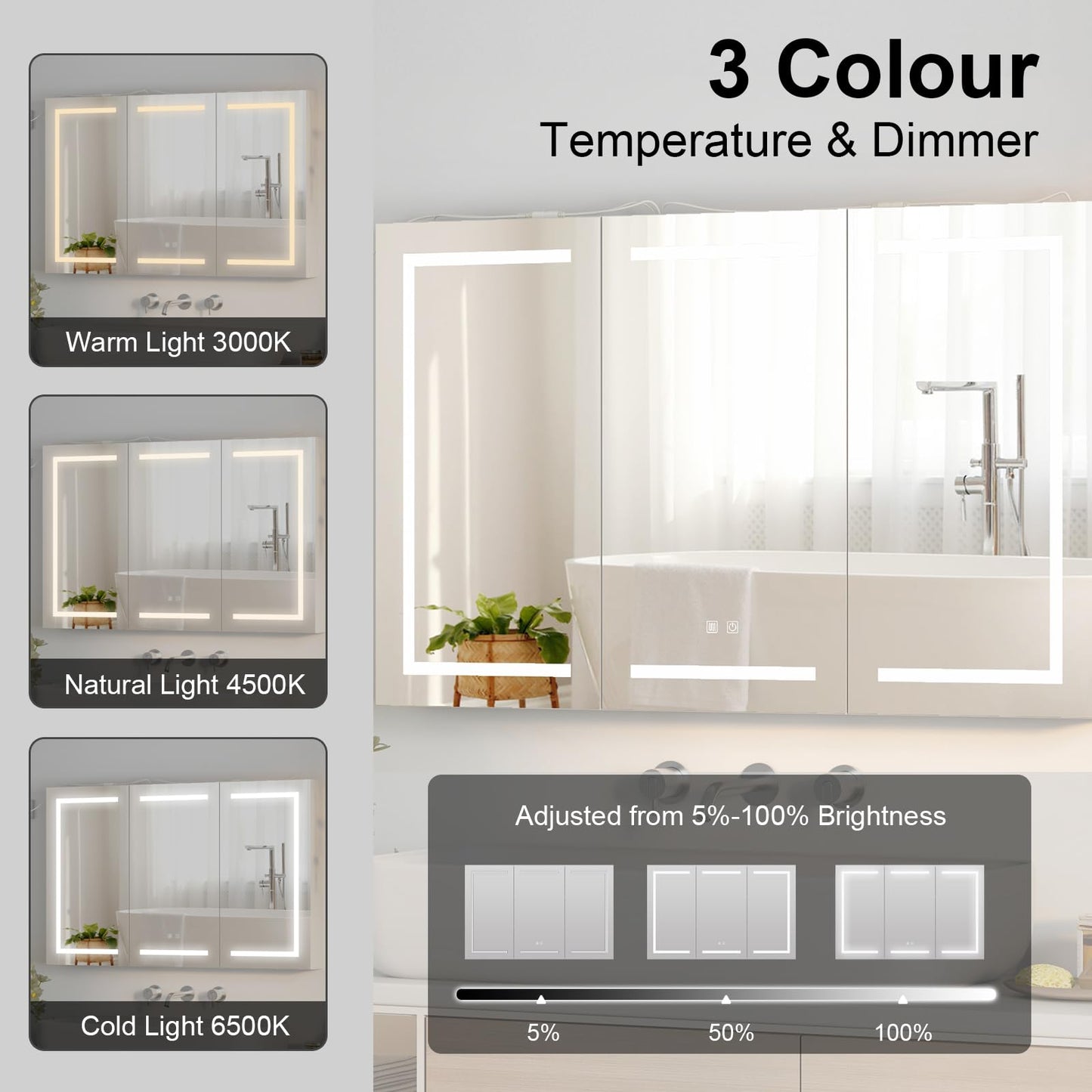 Large Medicine Cabinet, LED Lighted Medicine Cabinets with 3 Doors,Wall Mounted Bathroom Mirror with Storage,47inch,Defogger, Dimmable,Led Medicine Cabinet Mirror for Bathroom,47.2x 5.1x 30 In