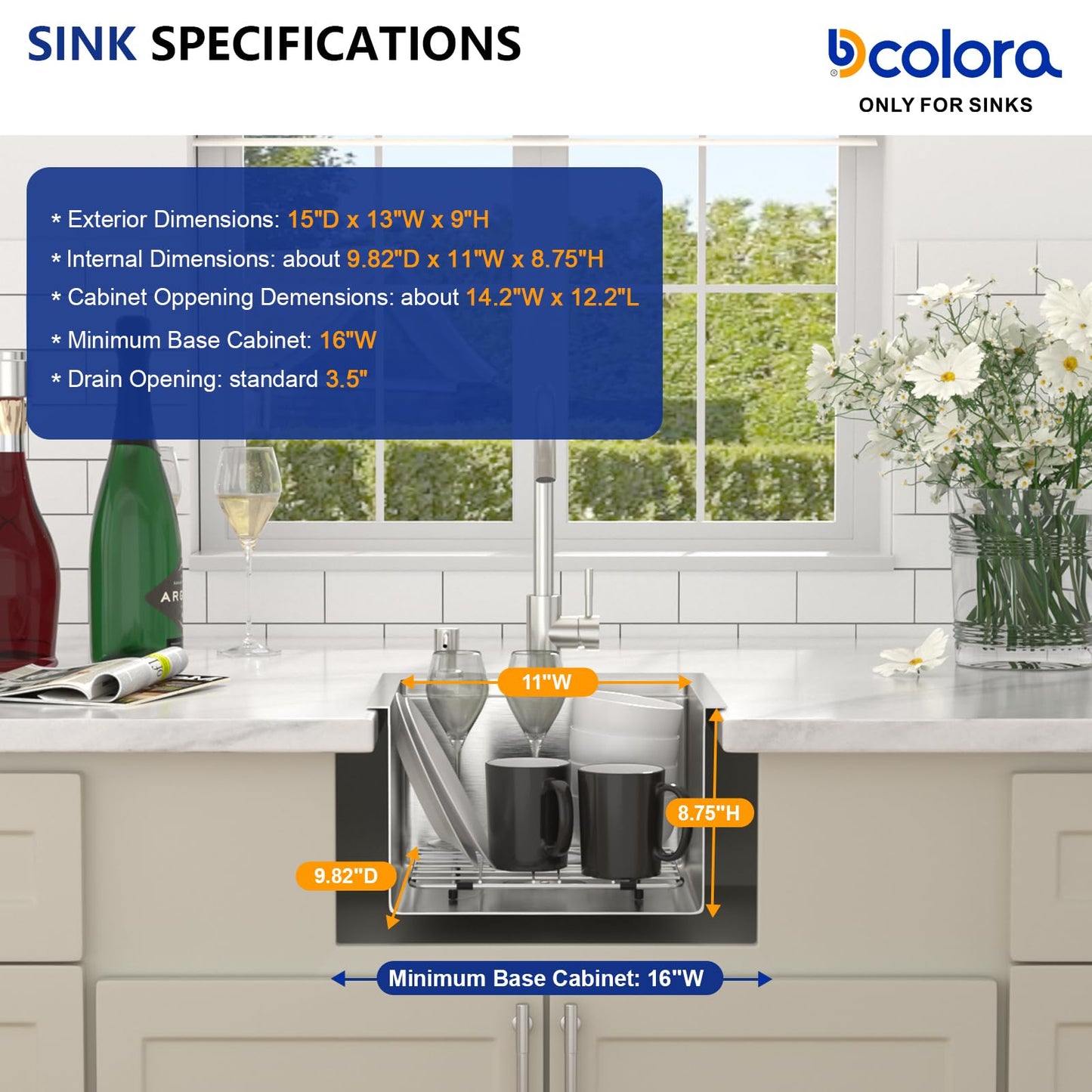 Dcolora Drop In Bar Sink 13x15x9 Inches, Workstation with Accessories, Brushed 304 Stainless Steel, Heavy Duty 16 Gauce, Small Single Bowl Perfect for Small Kitchen, Bar, Kitchen Island #DC-TW258005