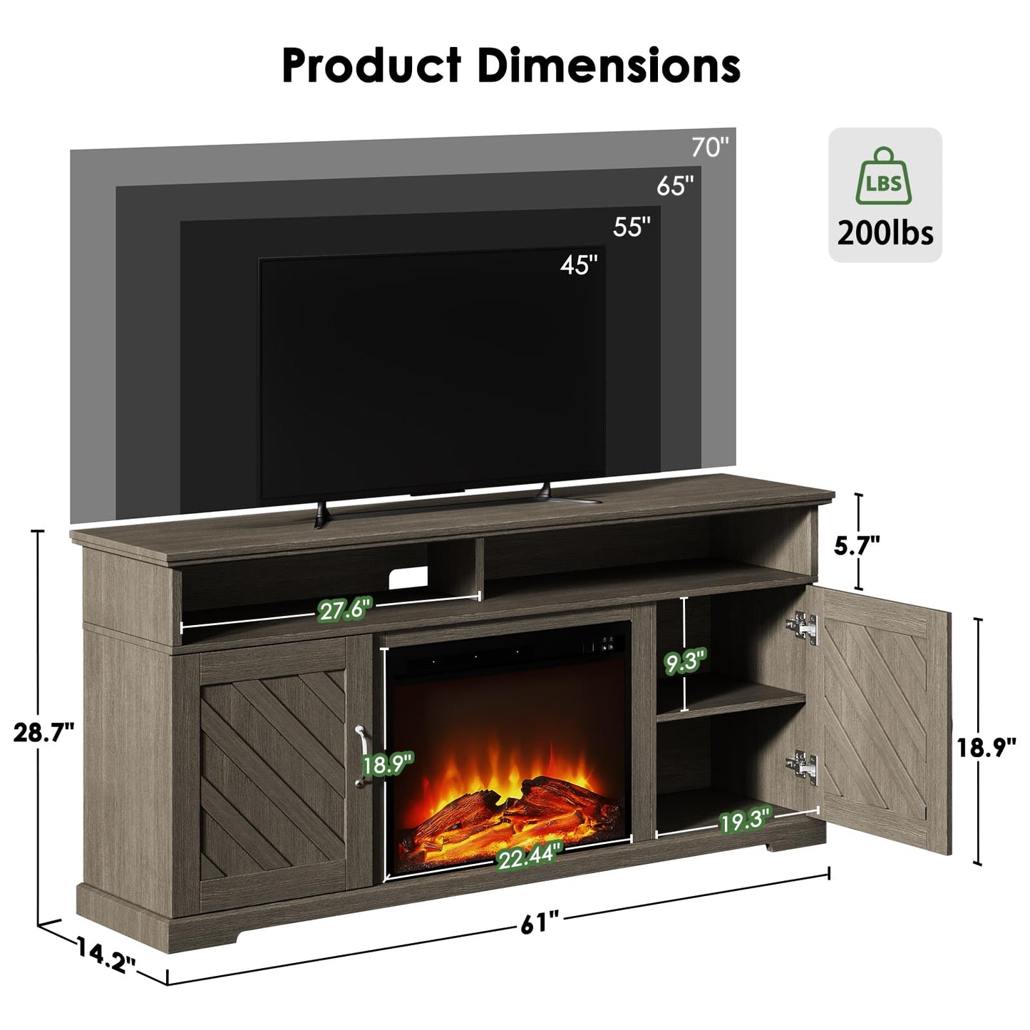 Marsail Fireplace TV Stand for 70 inch TV, Farmhouse Entertainment Center with Storage, Wood TV Console with Fireplace, TV Cabinets for Living Room and Bedroom, Grey