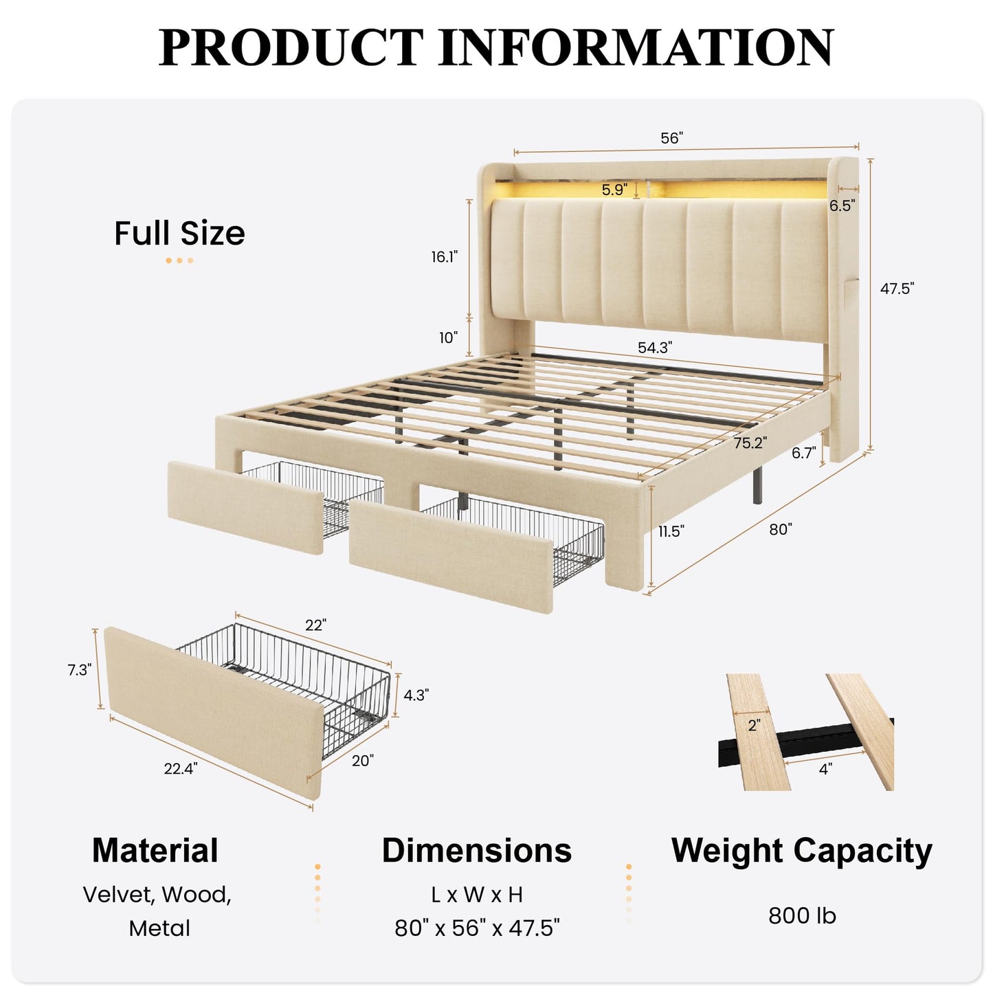 SHA CERLIN Full Size Platform Bed Frame with Vertical Channel Tufted Wingback Headboard & 2 Storage Drawers/2-Tier Shelves with LED Lights & Charging Station/Noise-Free/No Box Spring Needed/Beige