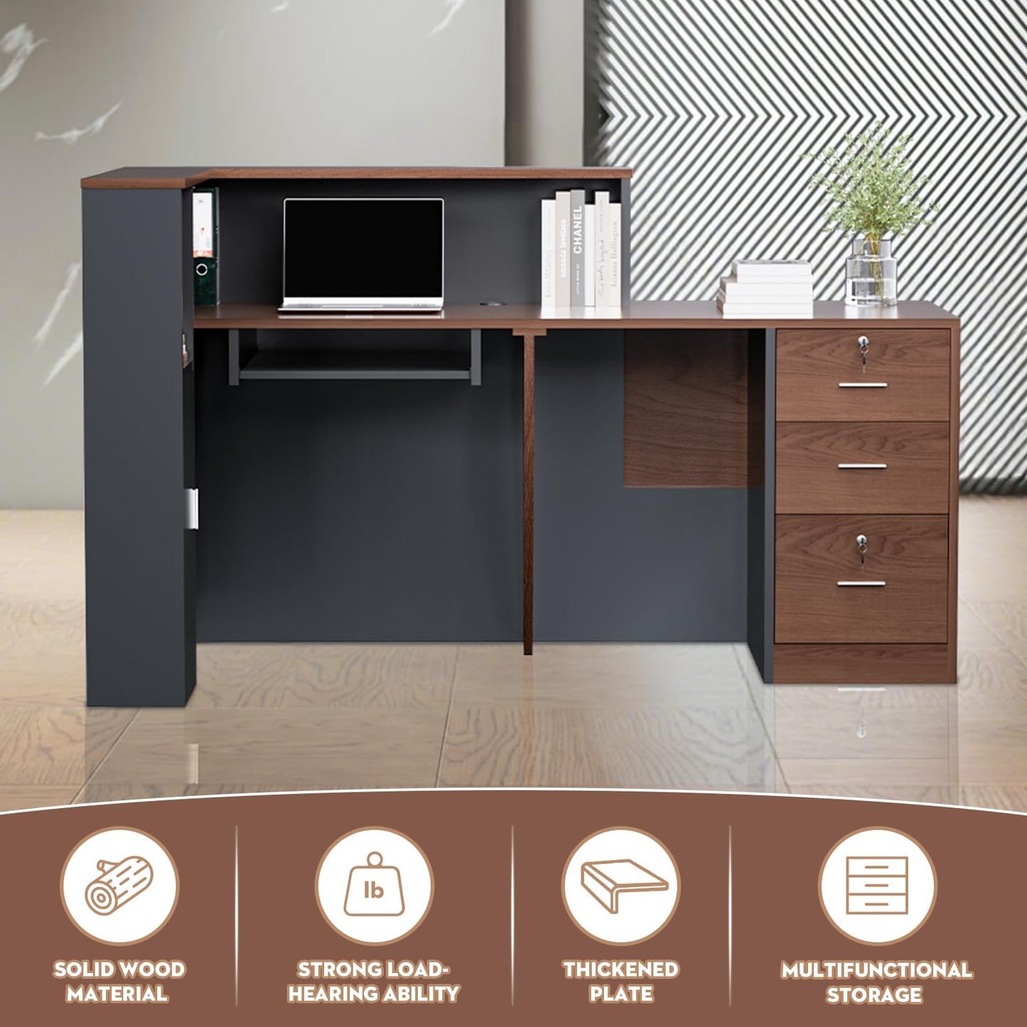 L-Shaped Modern Large Wooden Commercial Reception Desk with Counter & Shelves, Front Reception Desk Counter Table with Drawers for Offices,Home (Brown + Black, Left- 71''L x 42''W x 41''H)