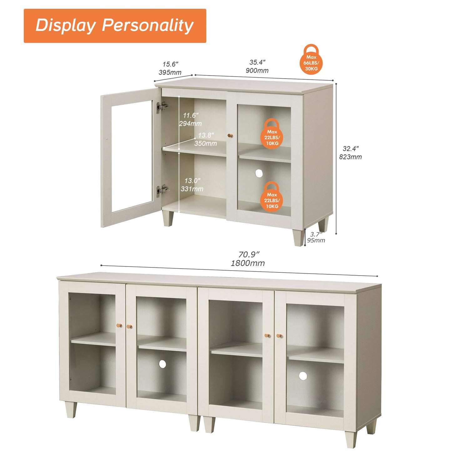 WAMPAT TV Stand for 75+ Inch TV, Media Console w/Glass Doors, Light Beige