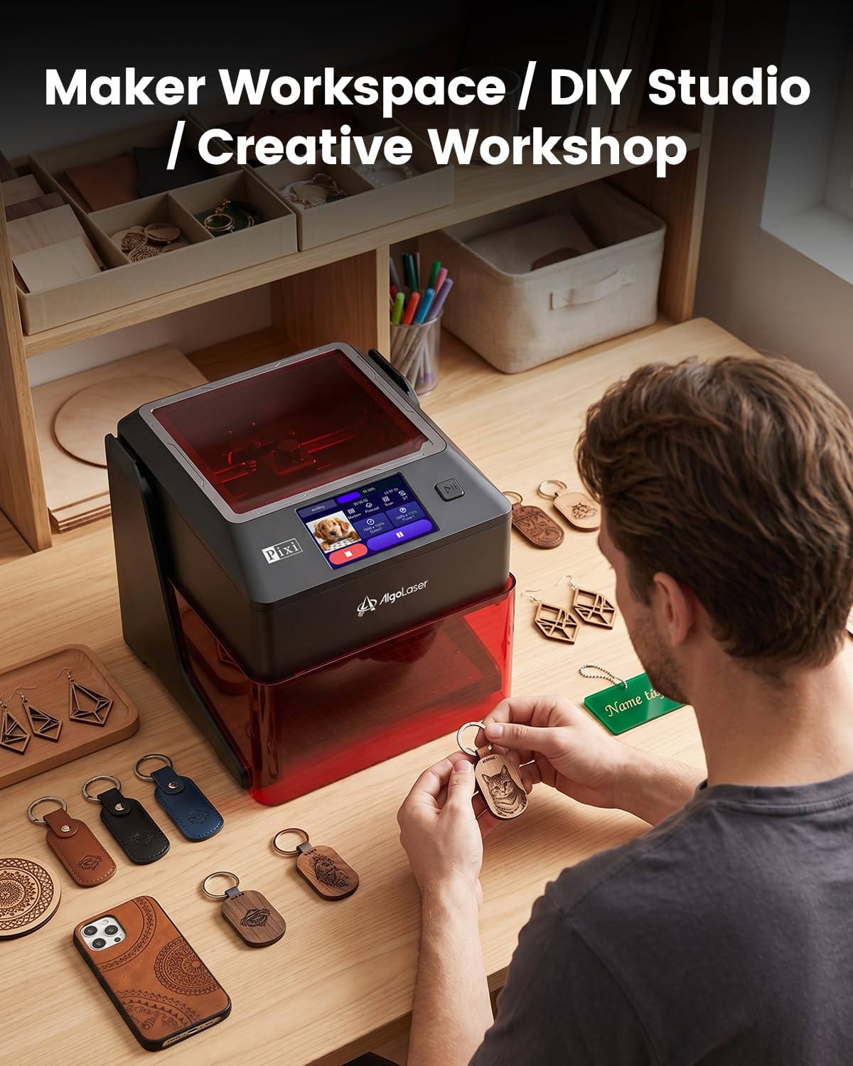 AlgoLaser Pixi Smart Laser Engraver - 10W Portable Laser Engraver Machine with 3.5" Touchscreen & AlgoOS System & APP - Laser Engraving for Wood, Acrylic, Glass, Beginner & DIY Gift & Small Business