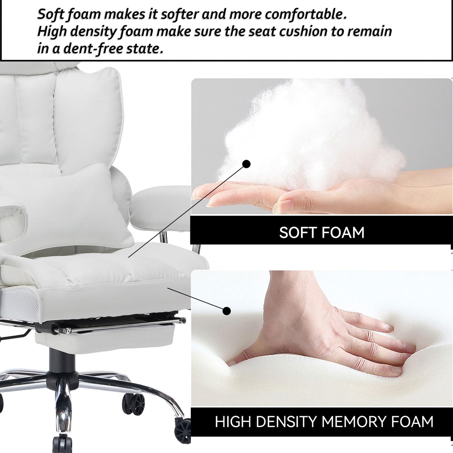 Efomao Big and Tall Office Chair 400lbs – High Back Executive Chair with Swivel Base, PU Leather Upholstery, Lumbar Pillow, Padded Armrests, and Rolling Wheels，White Computer Chair