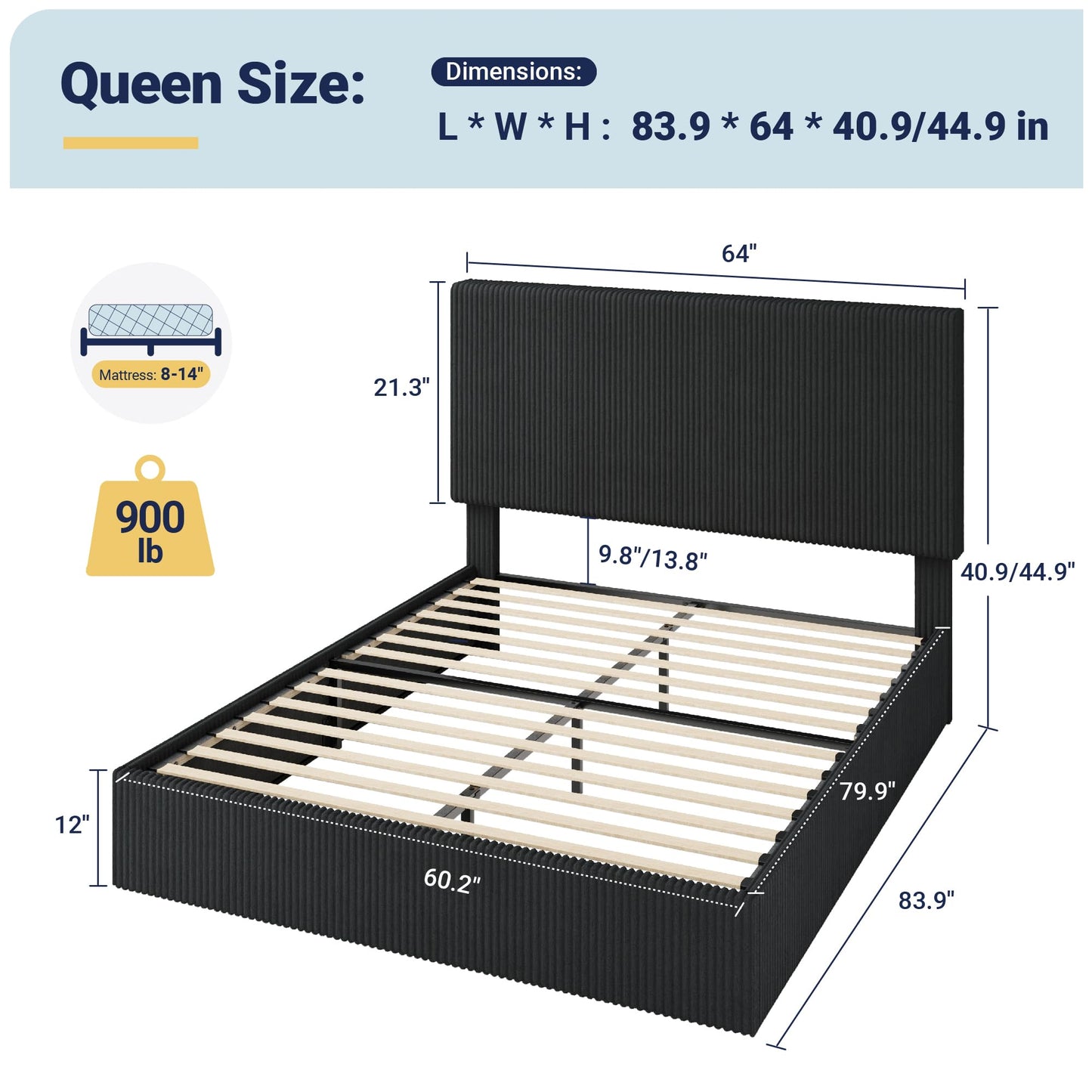 Allewie Queen Bed Frame, Upholstered Platform Bed, Adjustable Vertical Channel Tufted Headboard, Corduroy Fabric, Modern Low Profile, Wooden Slats, No Box Spring Needed, Easy Assembly, Black