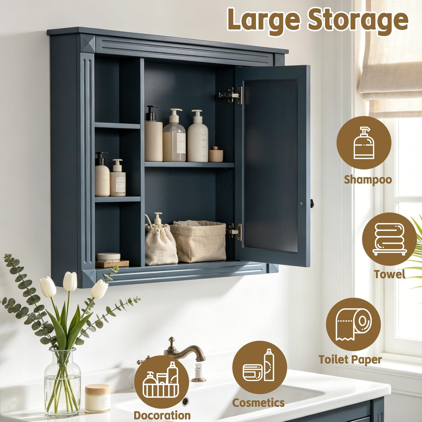 NBEETISM 35 Inch Medicine Cabinet with Mirror, Wall Mount Bathroom Storage Cabinet, Over Toilet Organizer with Adjustable and Open Shelves for Home Decor