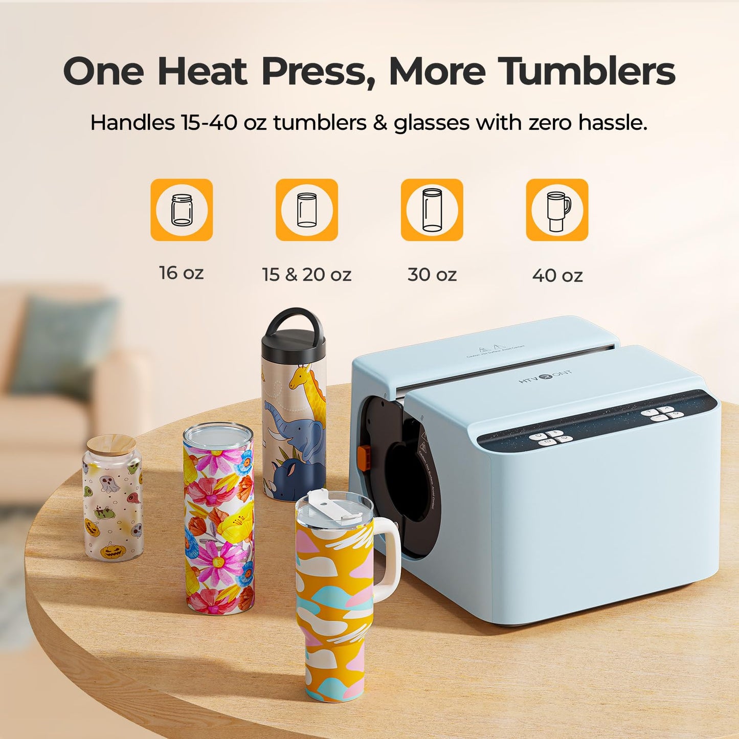 HTVRONT A200 Auto Tumbler Heat Press Pro Kit - 2 in 1 Tumbler Heat Press Machine for 15-30 OZ Skinny Tumblers & Glasses, with Heat Plate Attachment for 40 OZ Detachable Handle Tumblers, Blue